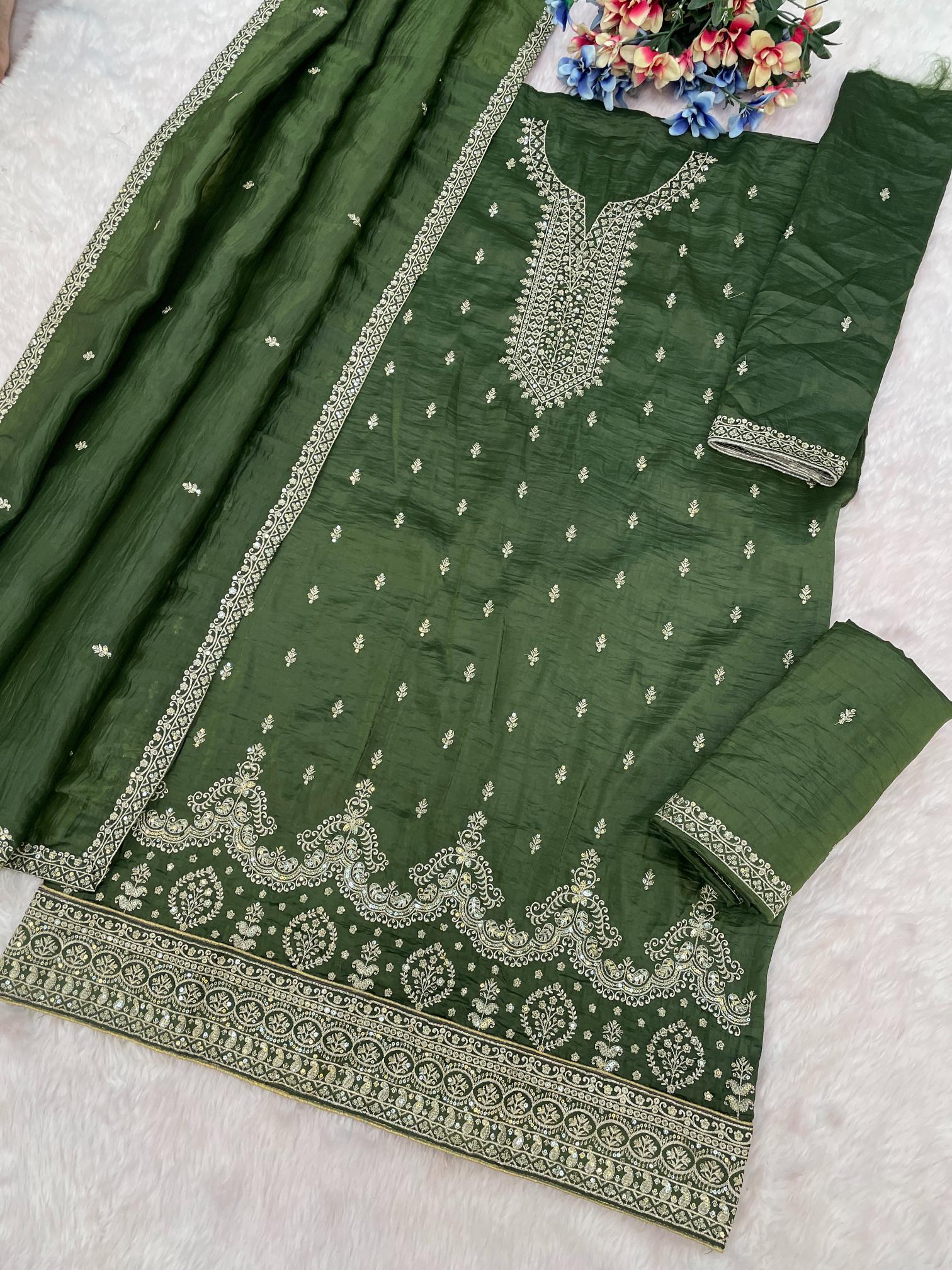 Green Embroidered Gold Crush Palazzo Suit