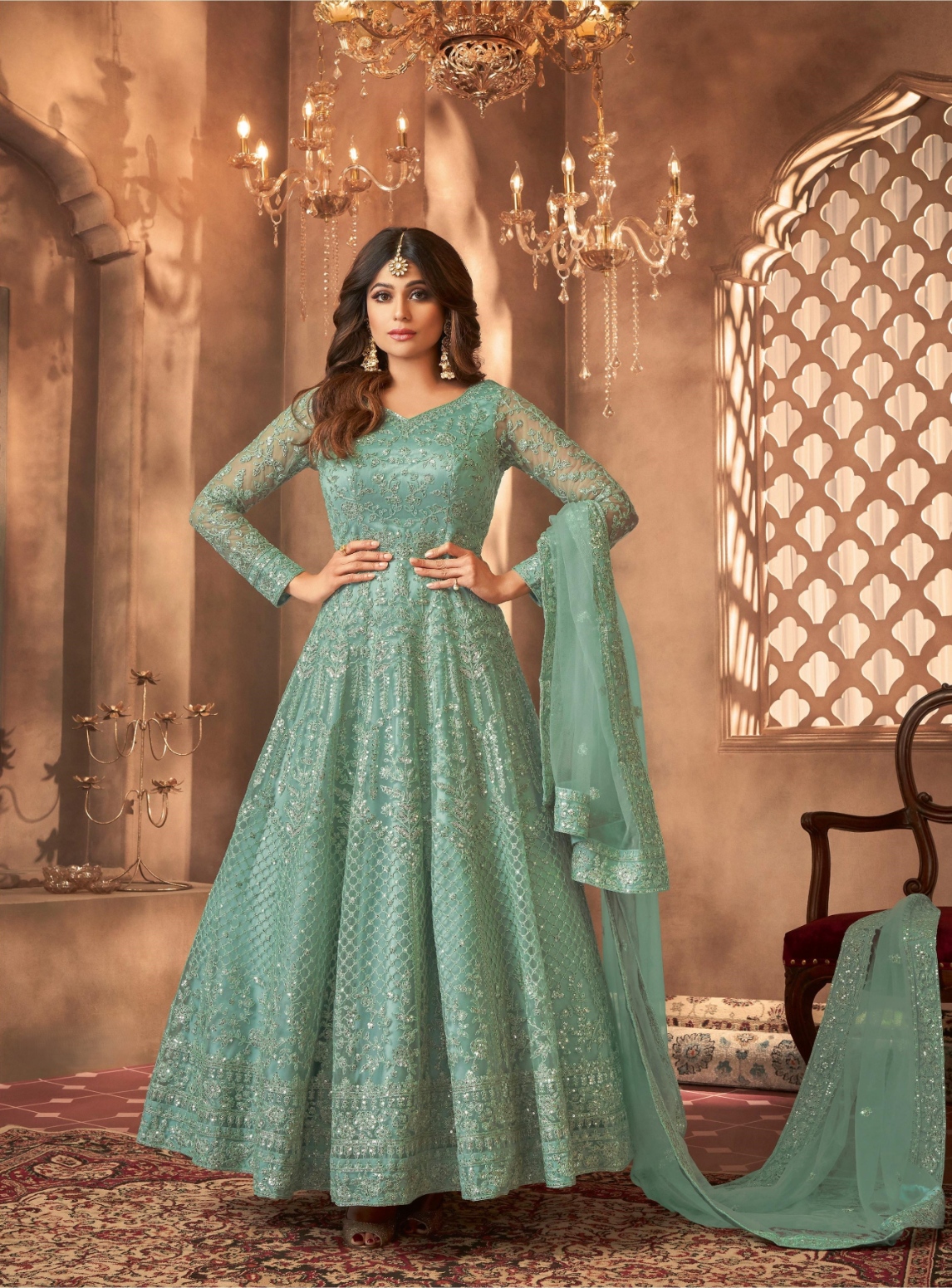 Green Embroidered Net Anarkali Suit