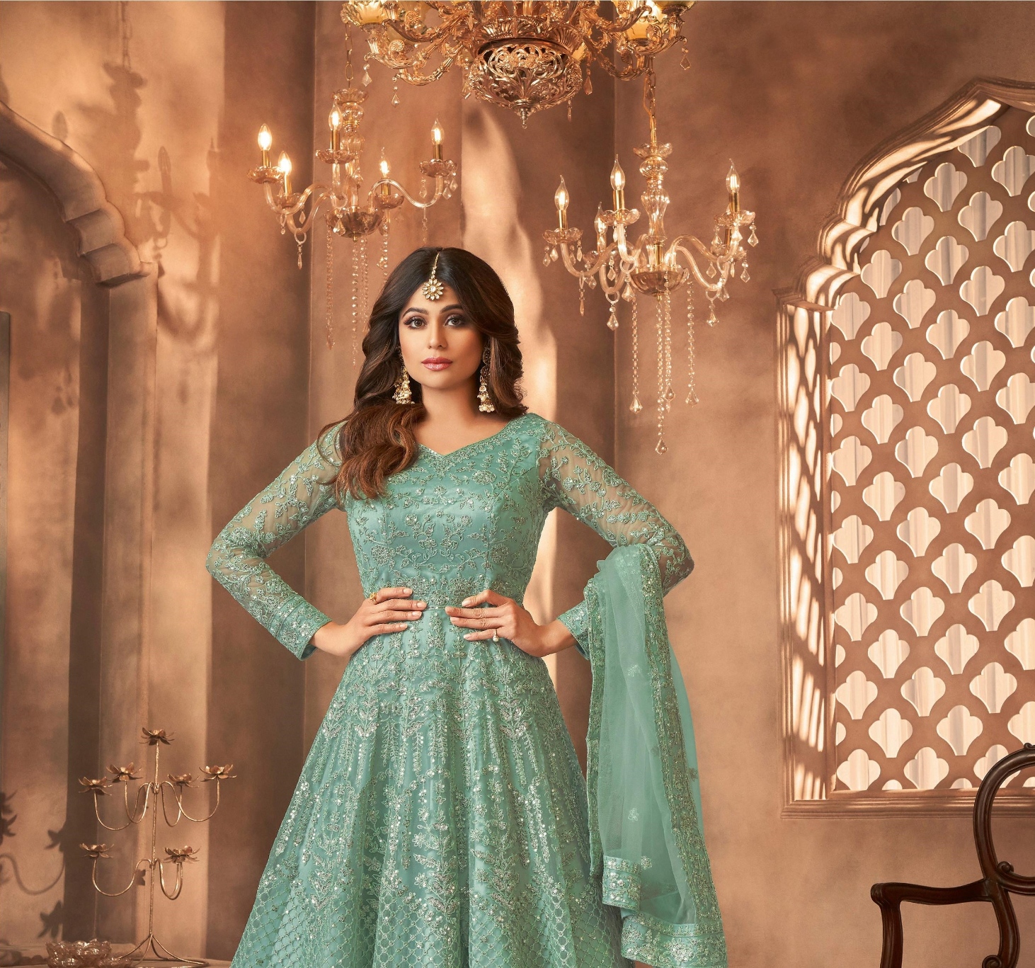 Green Embroidered Net Anarkali Suit