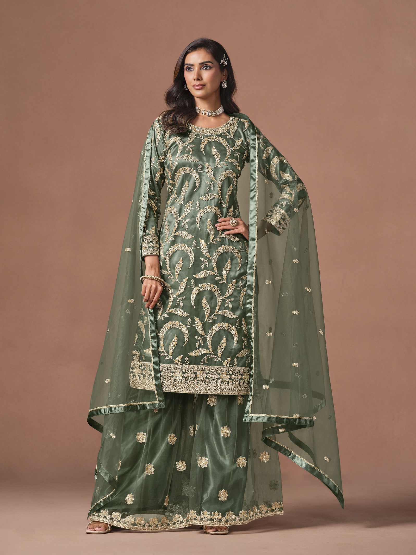 Green Embroidered Net Palazzo Suit