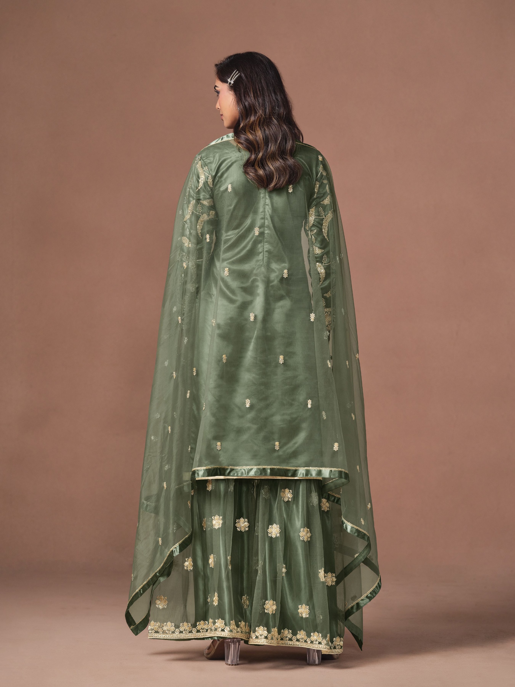 Green Embroidered Net Palazzo Suit — alternate view