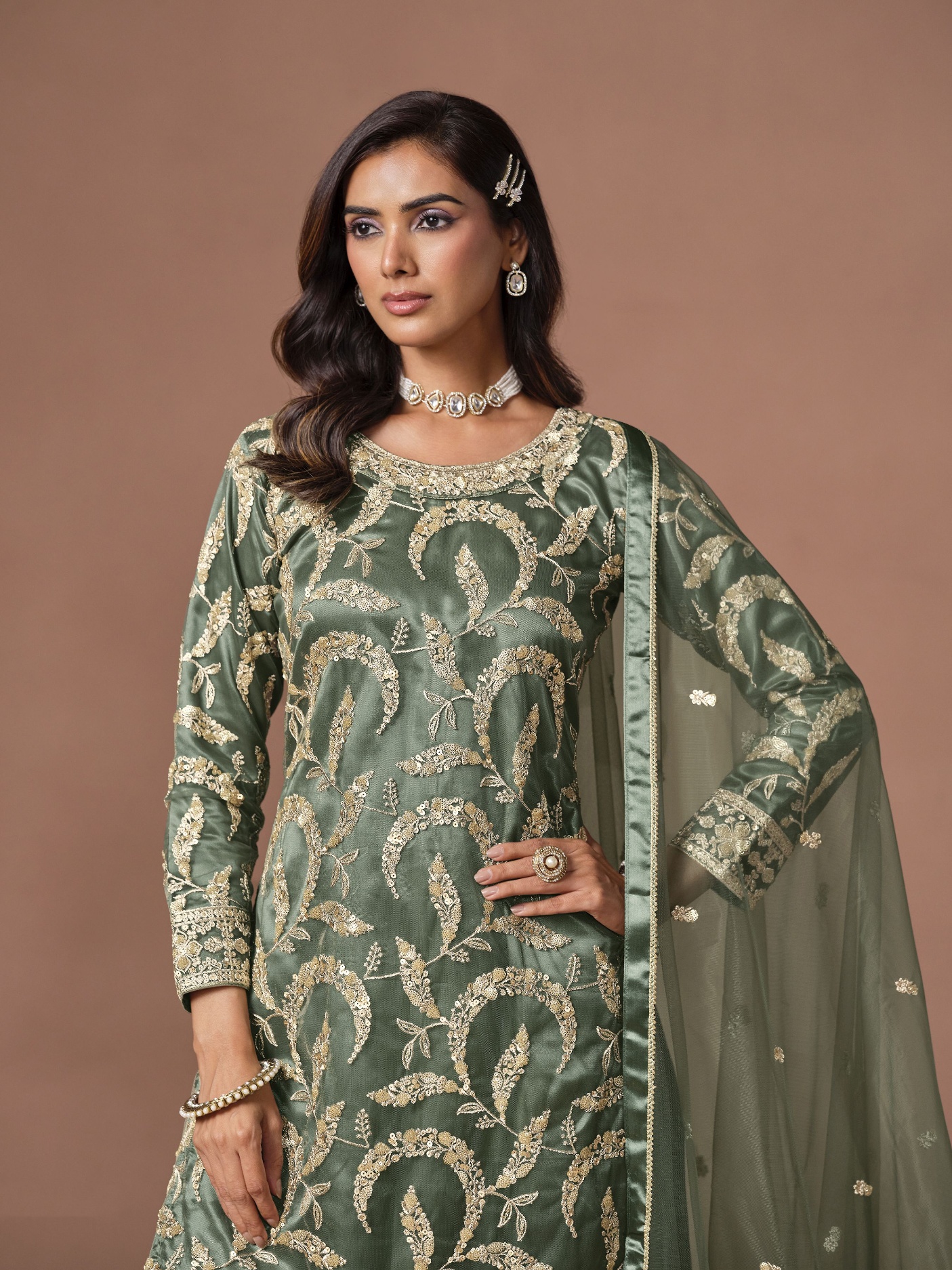 Green Embroidered Net Palazzo Suit