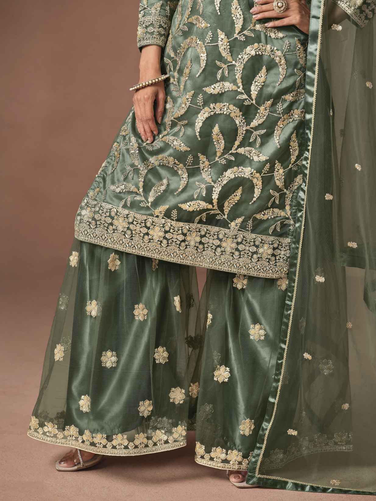 Green Embroidered Net Palazzo Suit