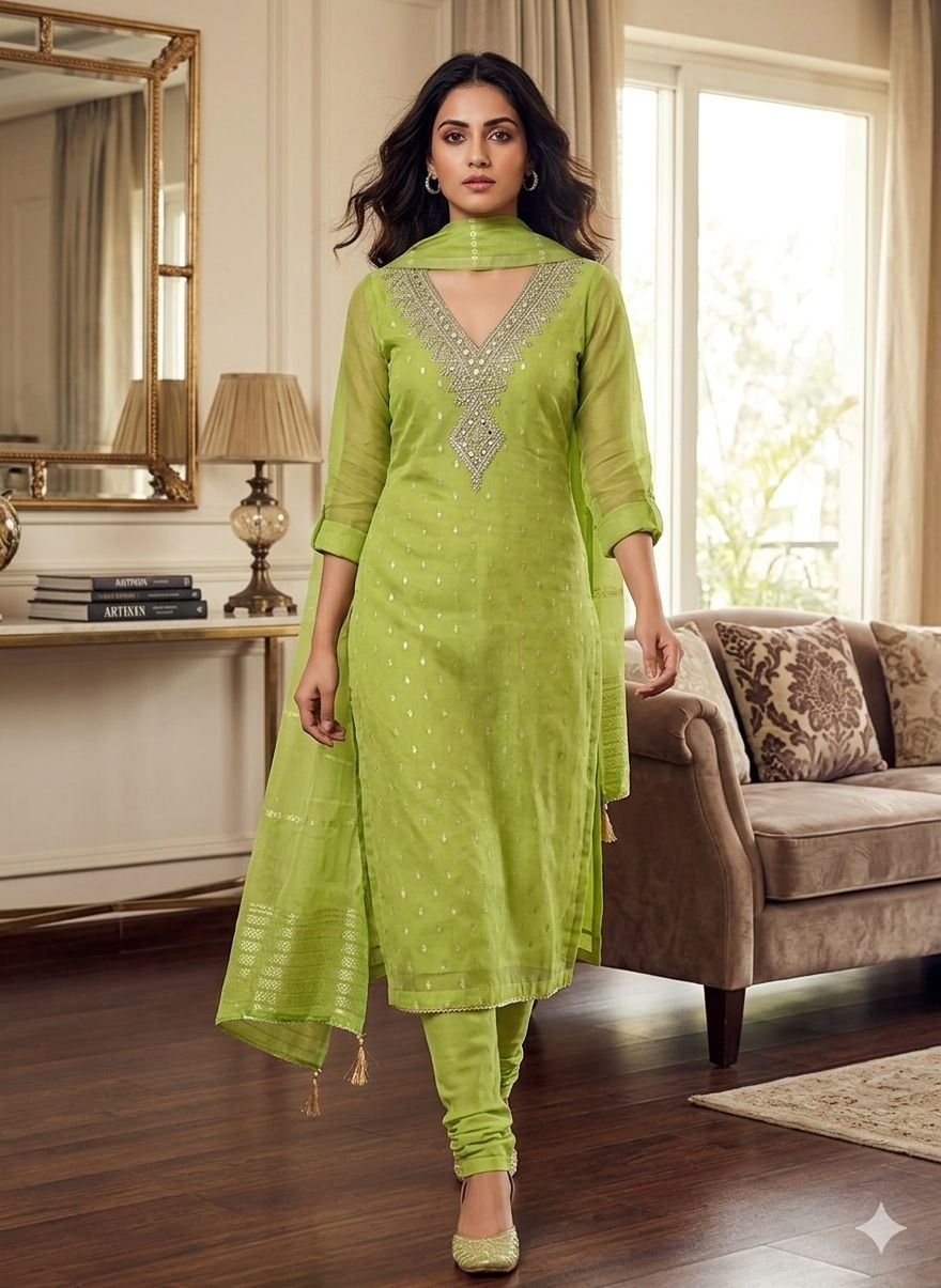 Green Embroidered Shimmer Salwar Suit
