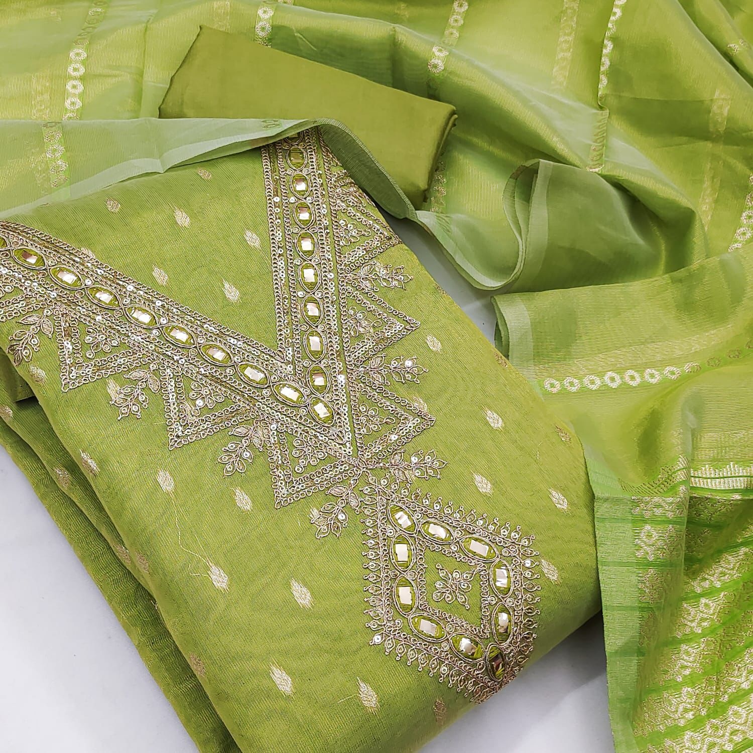 Green Embroidered Shimmer Salwar Suit