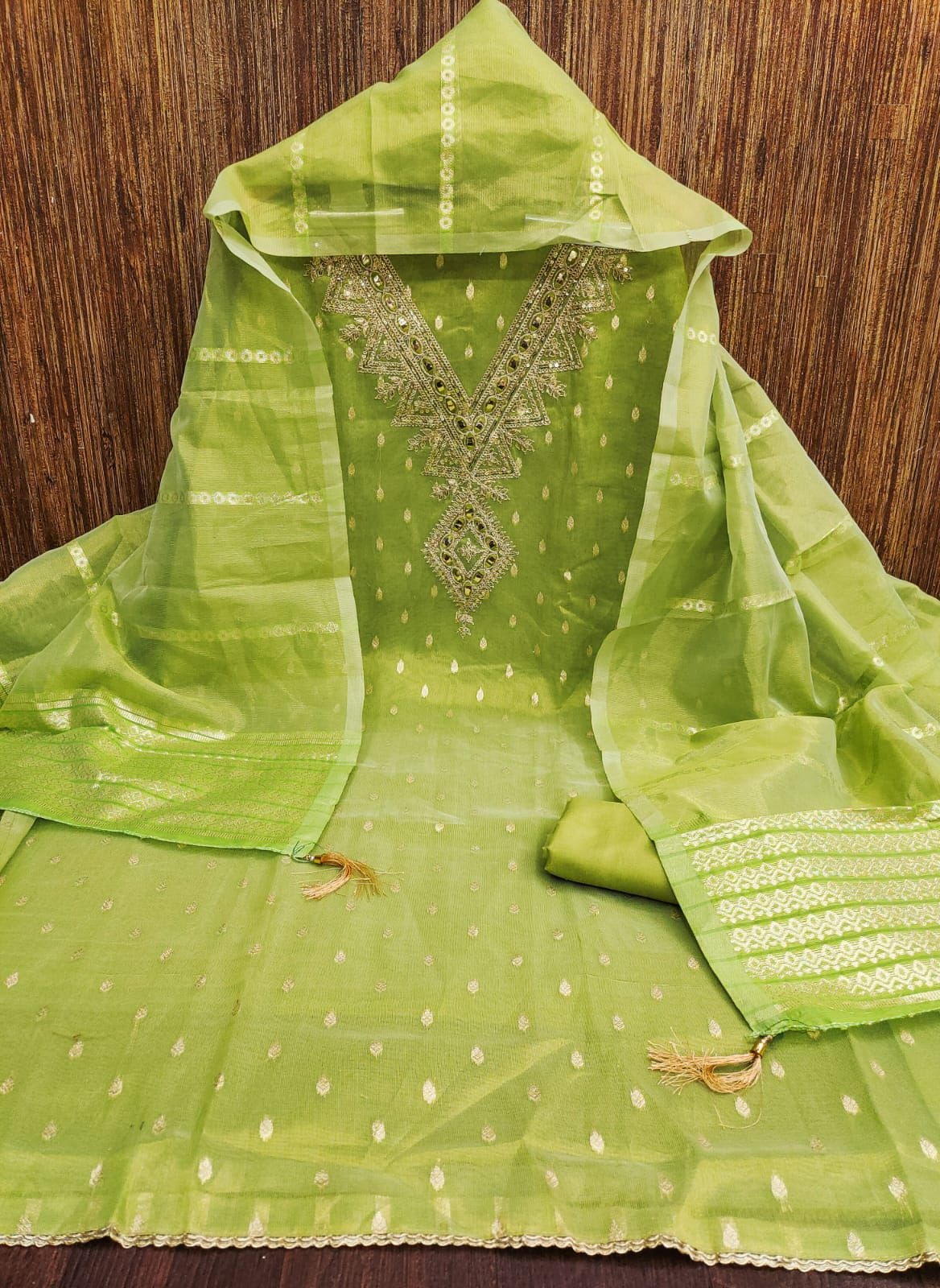 Green Embroidered Shimmer Salwar Suit