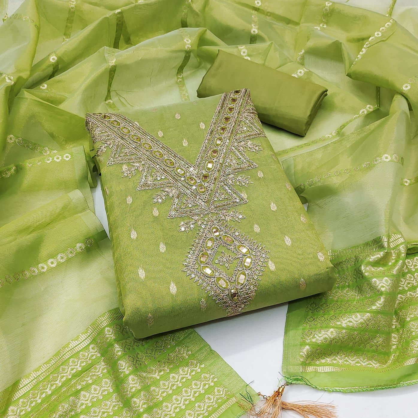 Green Embroidered Shimmer Salwar Suit
