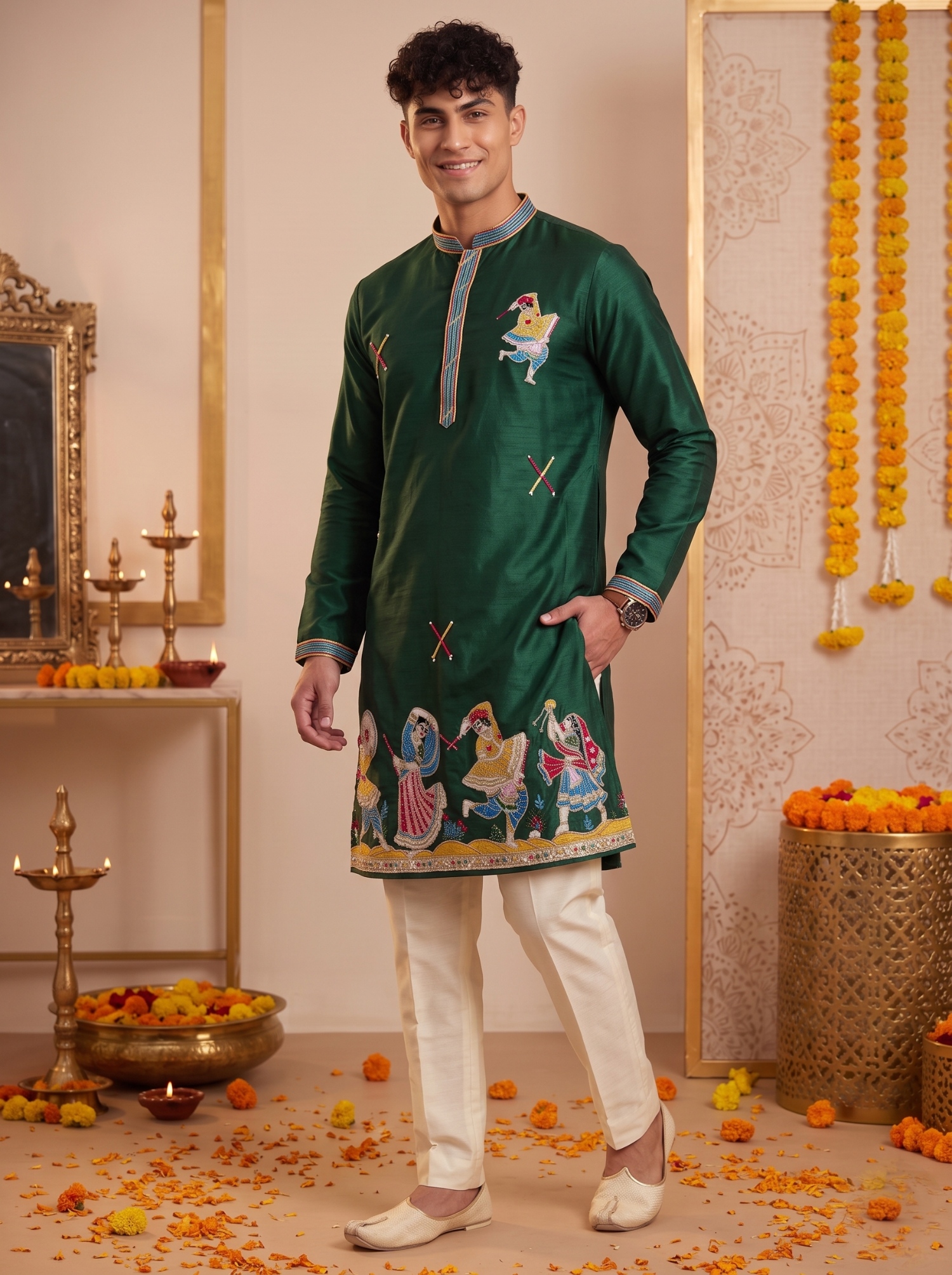 Green Embroidered Synthetic Silk Kurta Pyjama