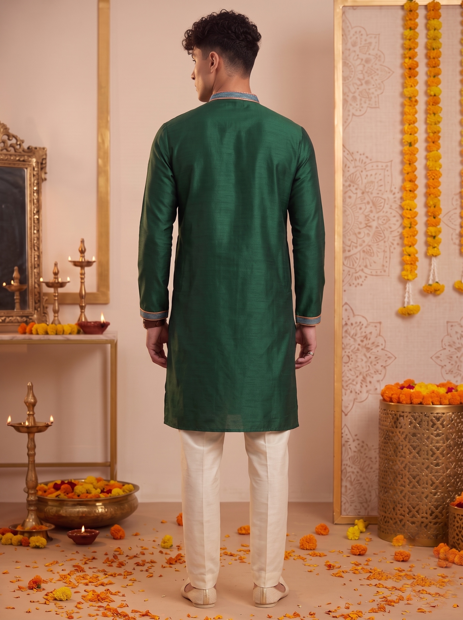 Green Embroidered Synthetic Silk Kurta Pyjama — alternate view