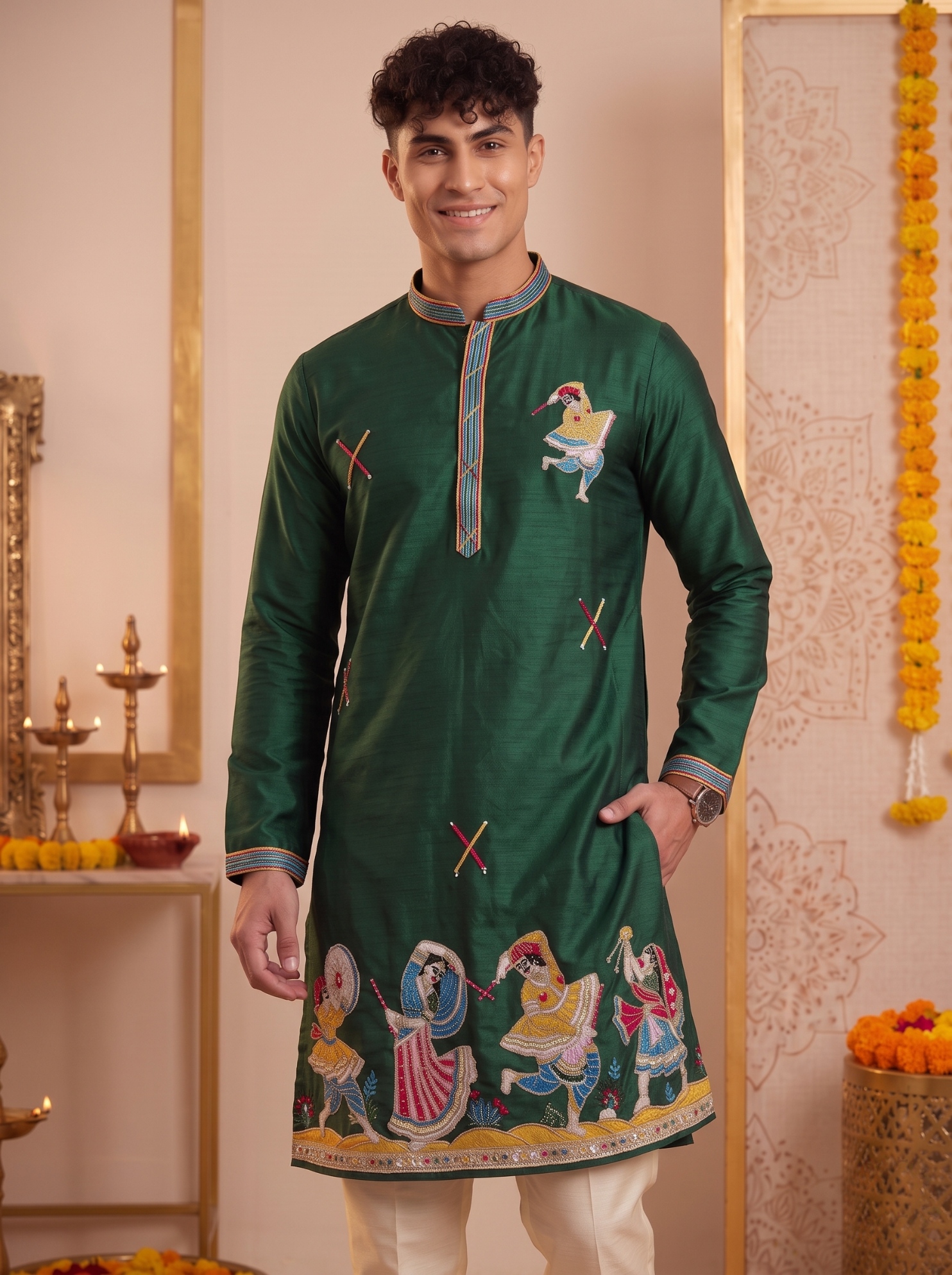 Green Embroidered Synthetic Silk Kurta Pyjama