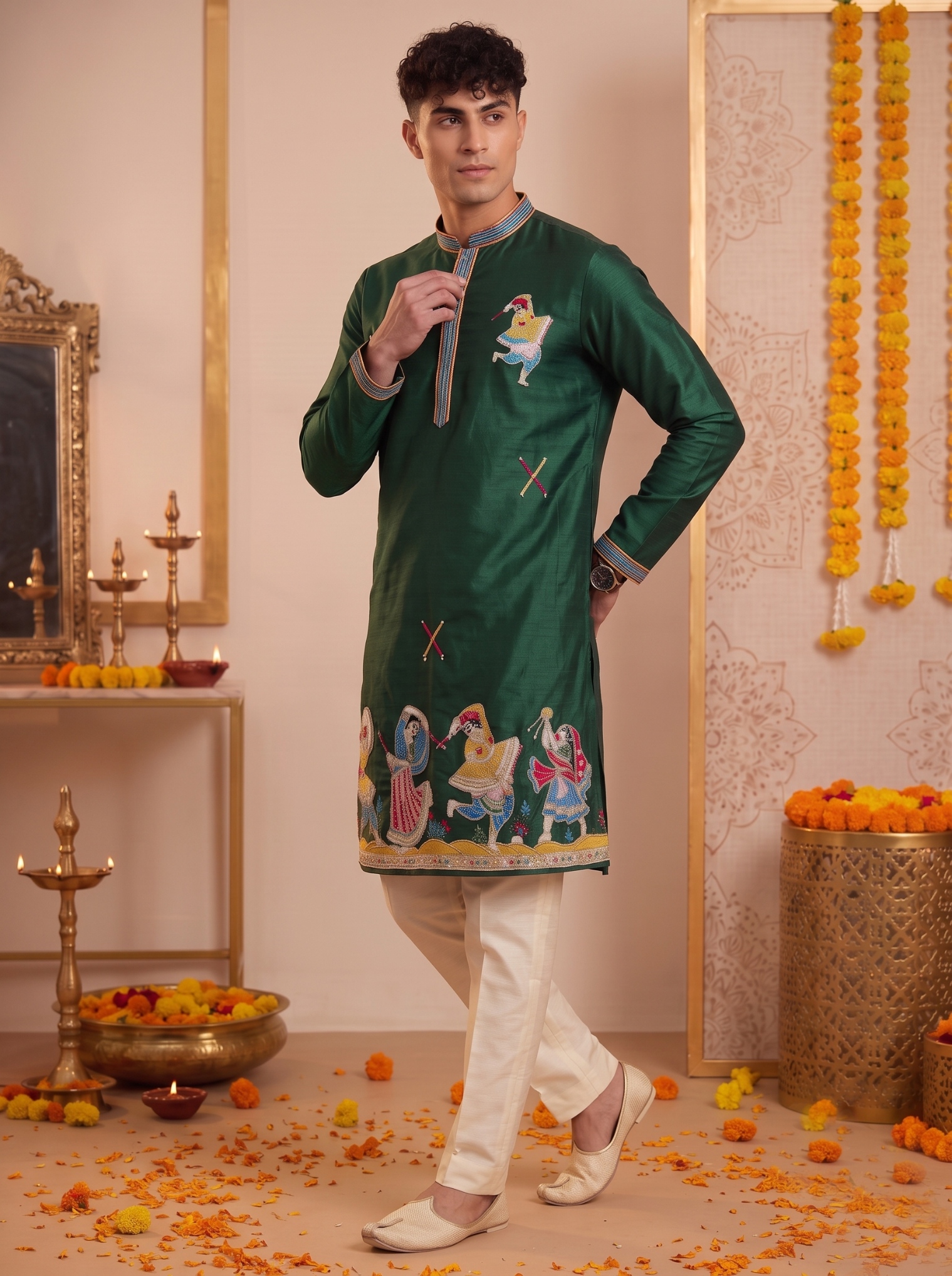 Green Embroidered Synthetic Silk Kurta Pyjama