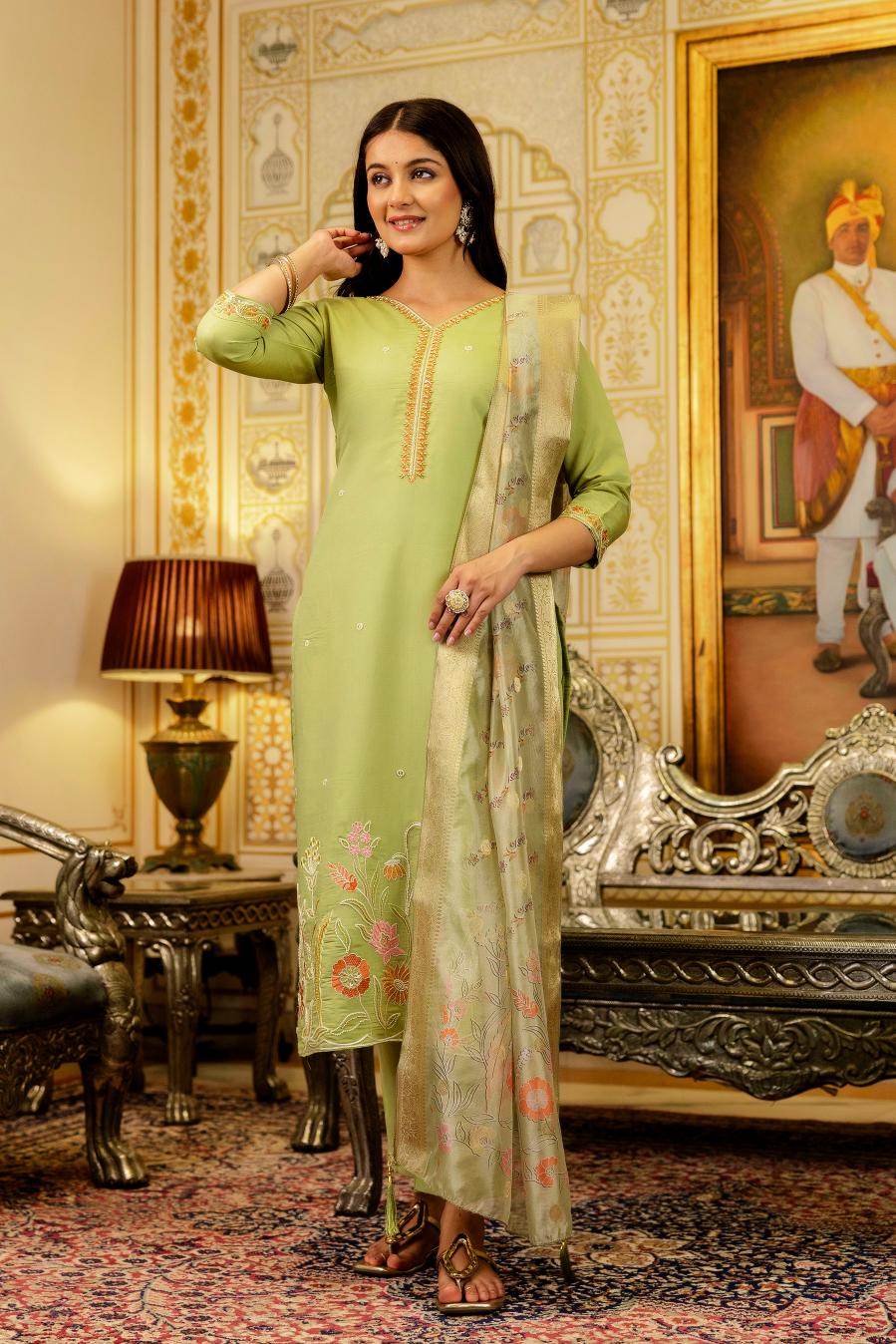 Green Embroidered Viscose Shimmer Anarkali Suit