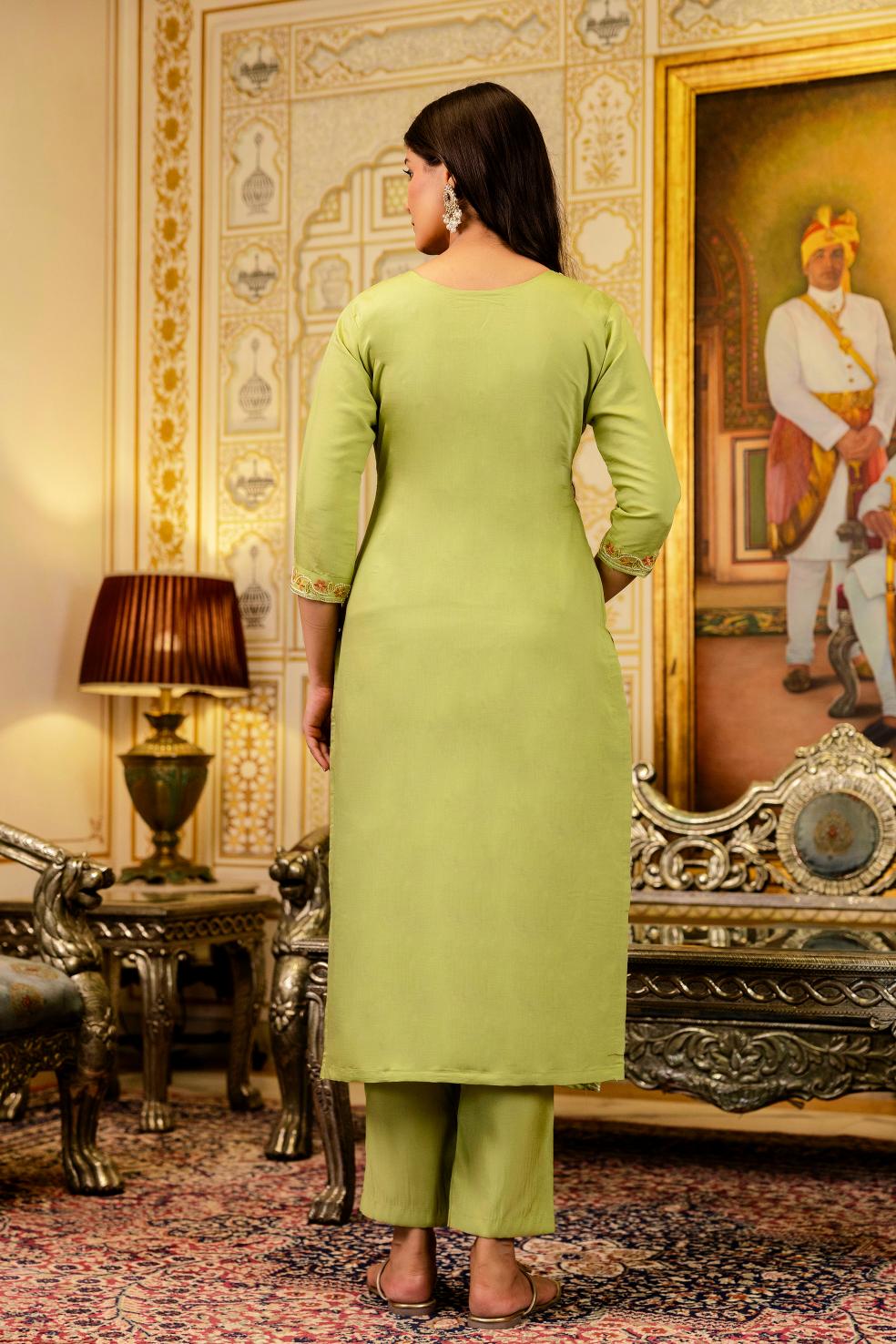 Green Embroidered Viscose Shimmer Anarkali Suit — alternate view