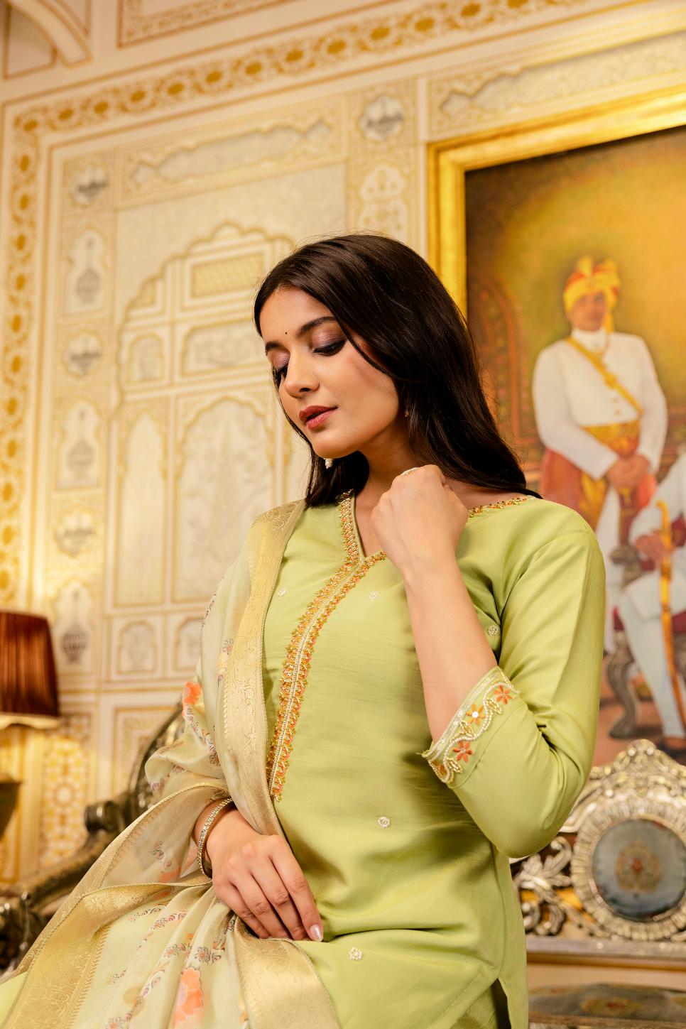 Green Embroidered Viscose Shimmer Anarkali Suit