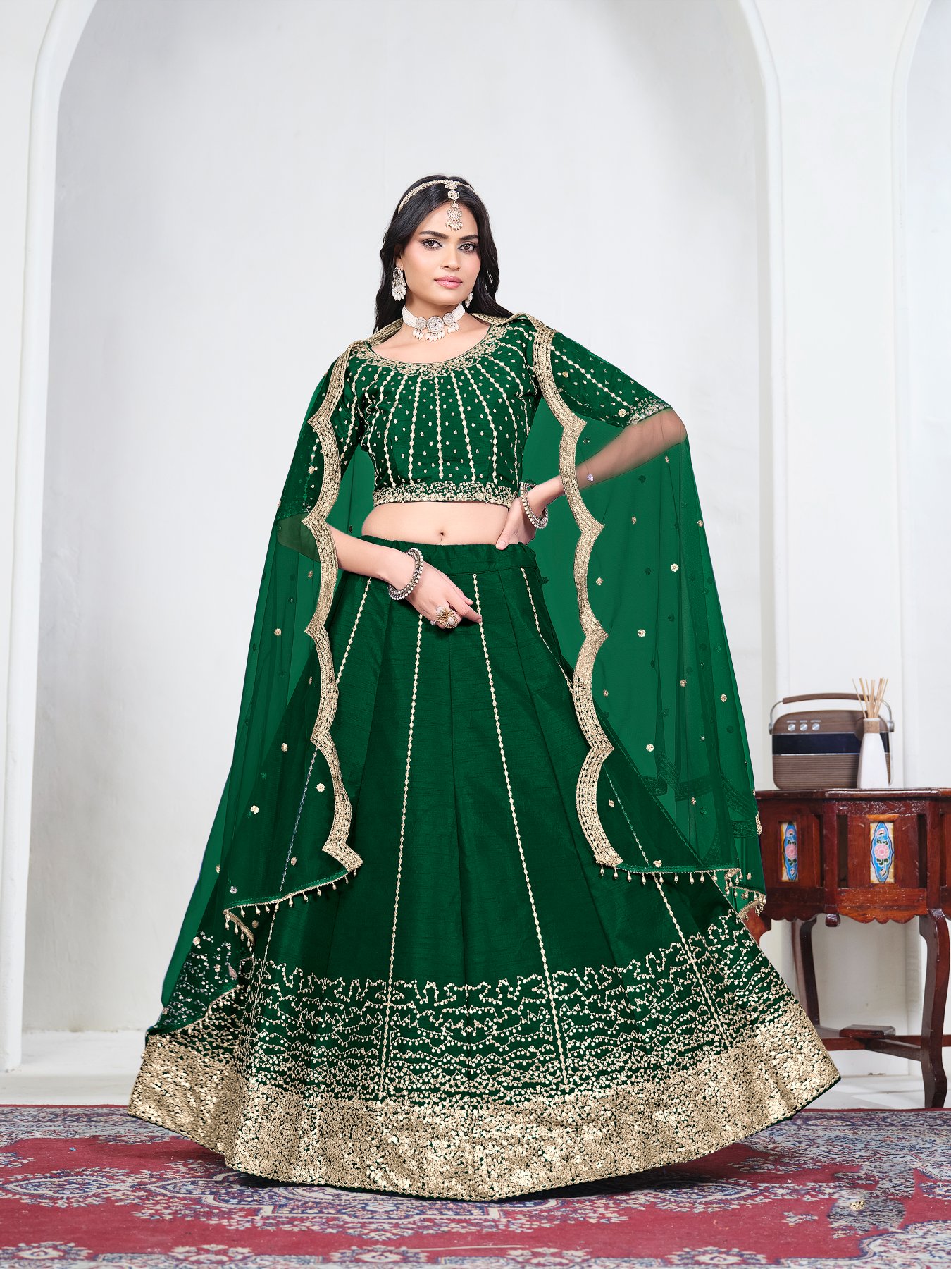 Green Embroidery Art Silk Bridal Lehenga
