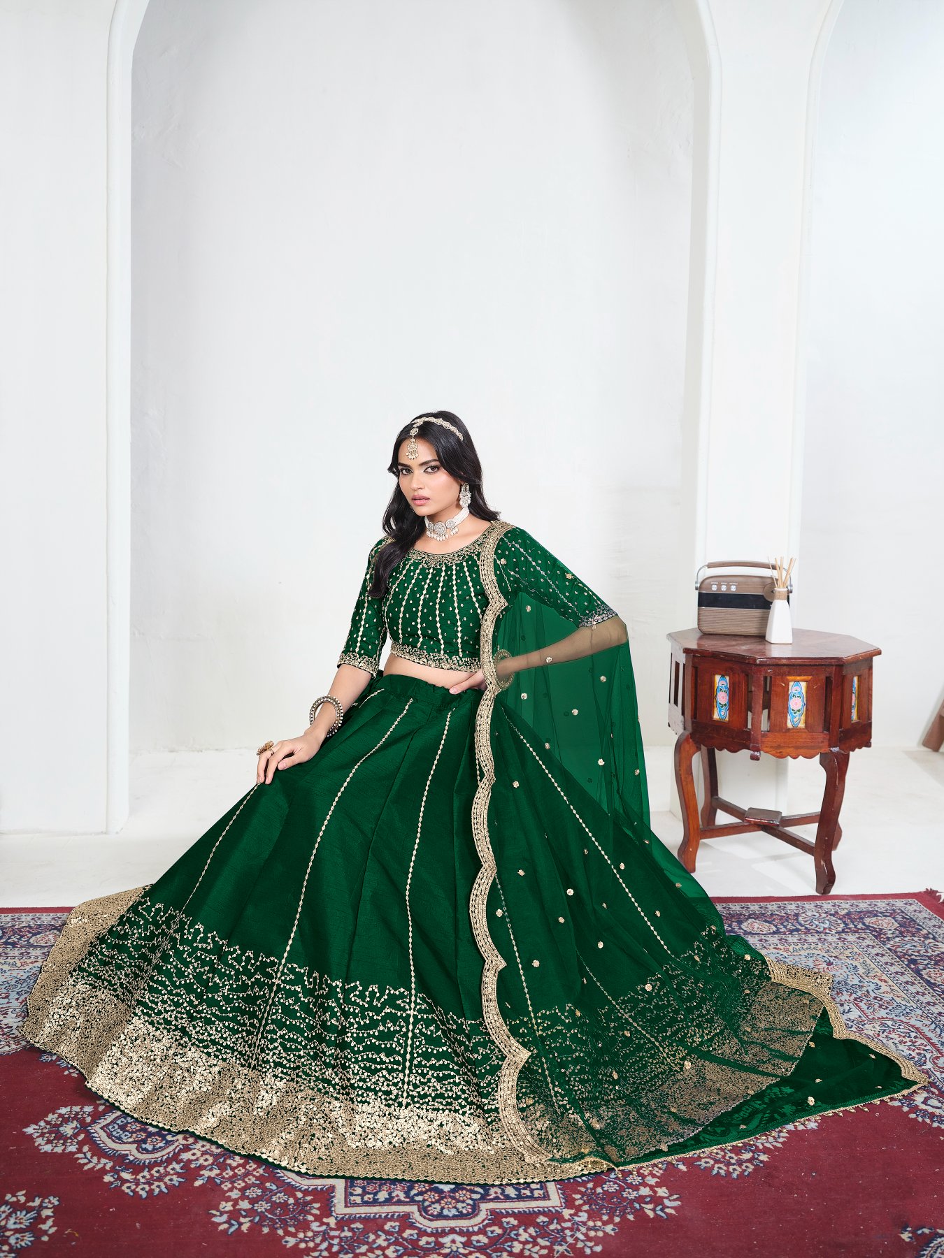 Green Embroidery Art Silk Bridal Lehenga