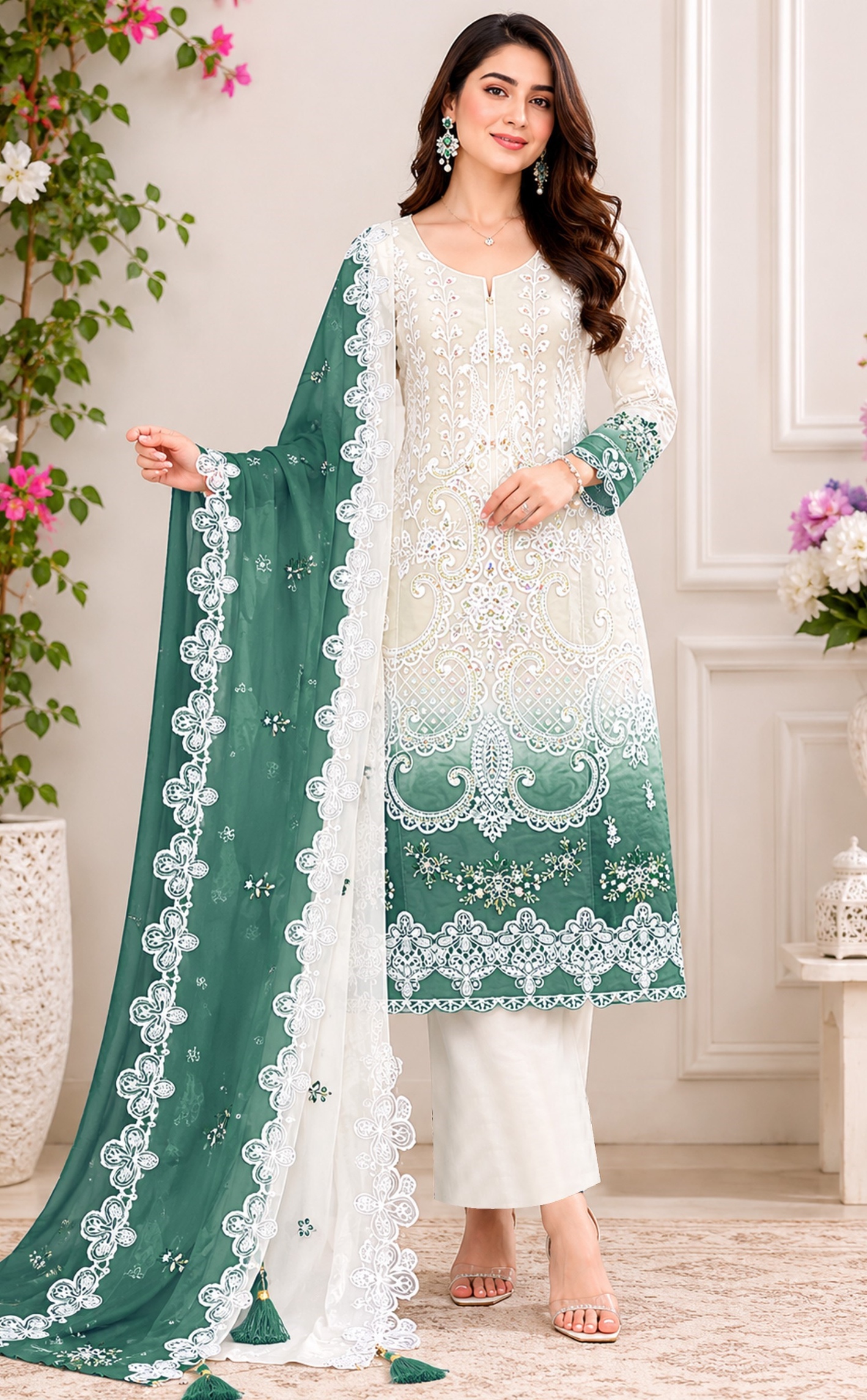 Green Embroidery Georgette Straight Salwar Suit