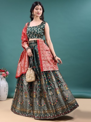 Green Ethnic Motif Jacquard Soft Jacquard Lehenga Choli