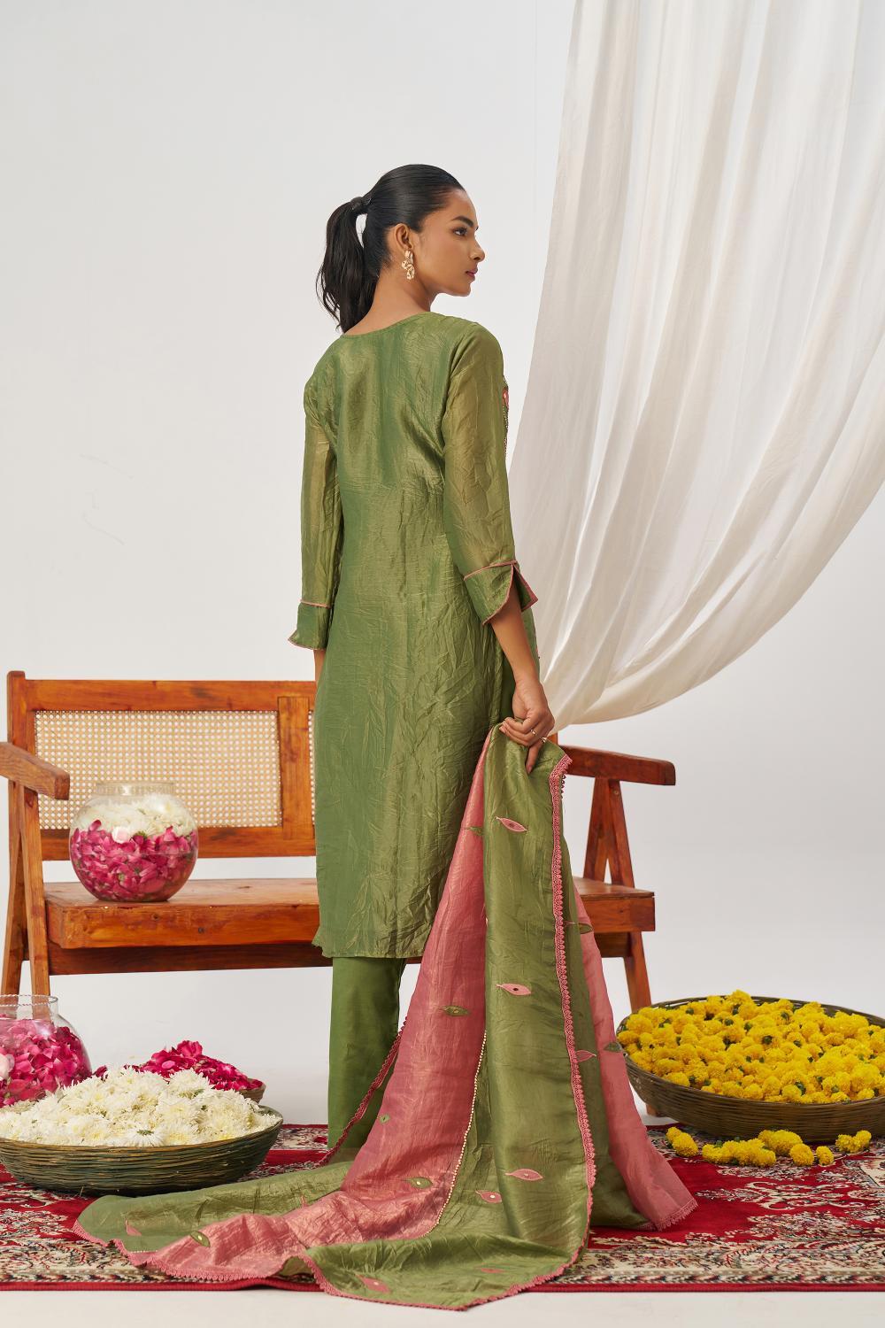 Green Fancy Crush Silk Readymade Suit — alternate view