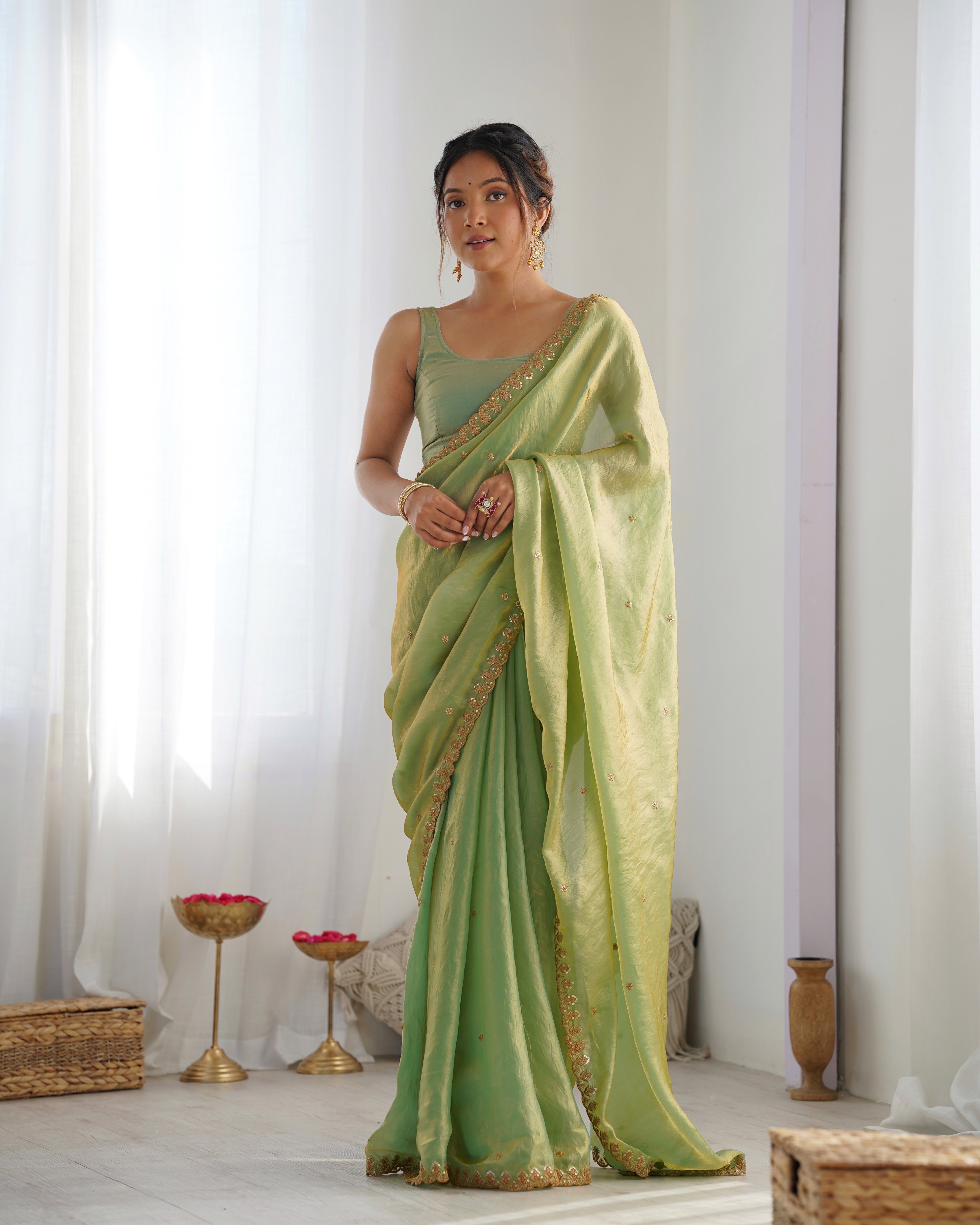 Green Fendi Satin Sequin Embroidered Saree