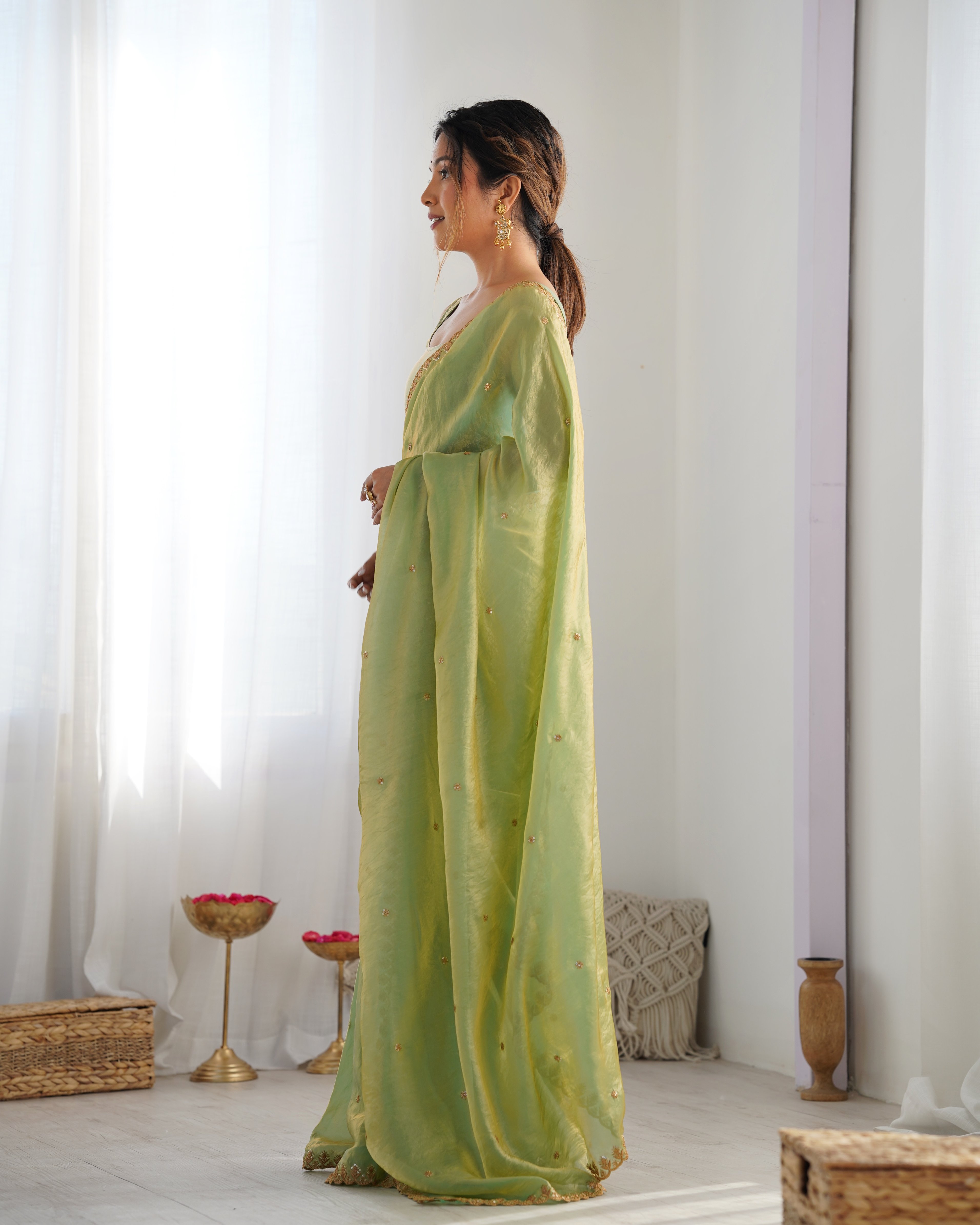 Green Fendi Satin Sequin Embroidered Saree — alternate view