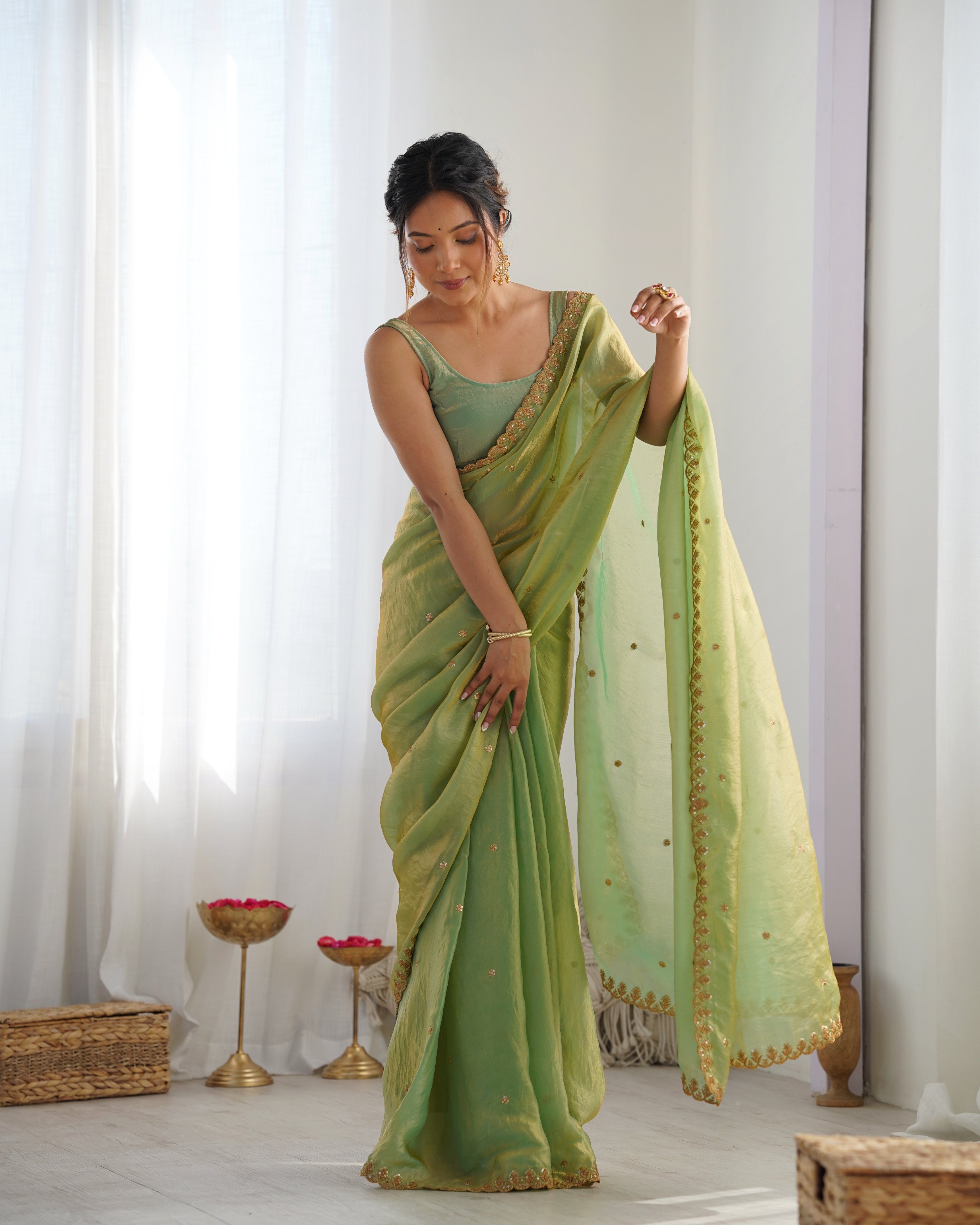 Green Fendi Satin Sequin Embroidered Saree