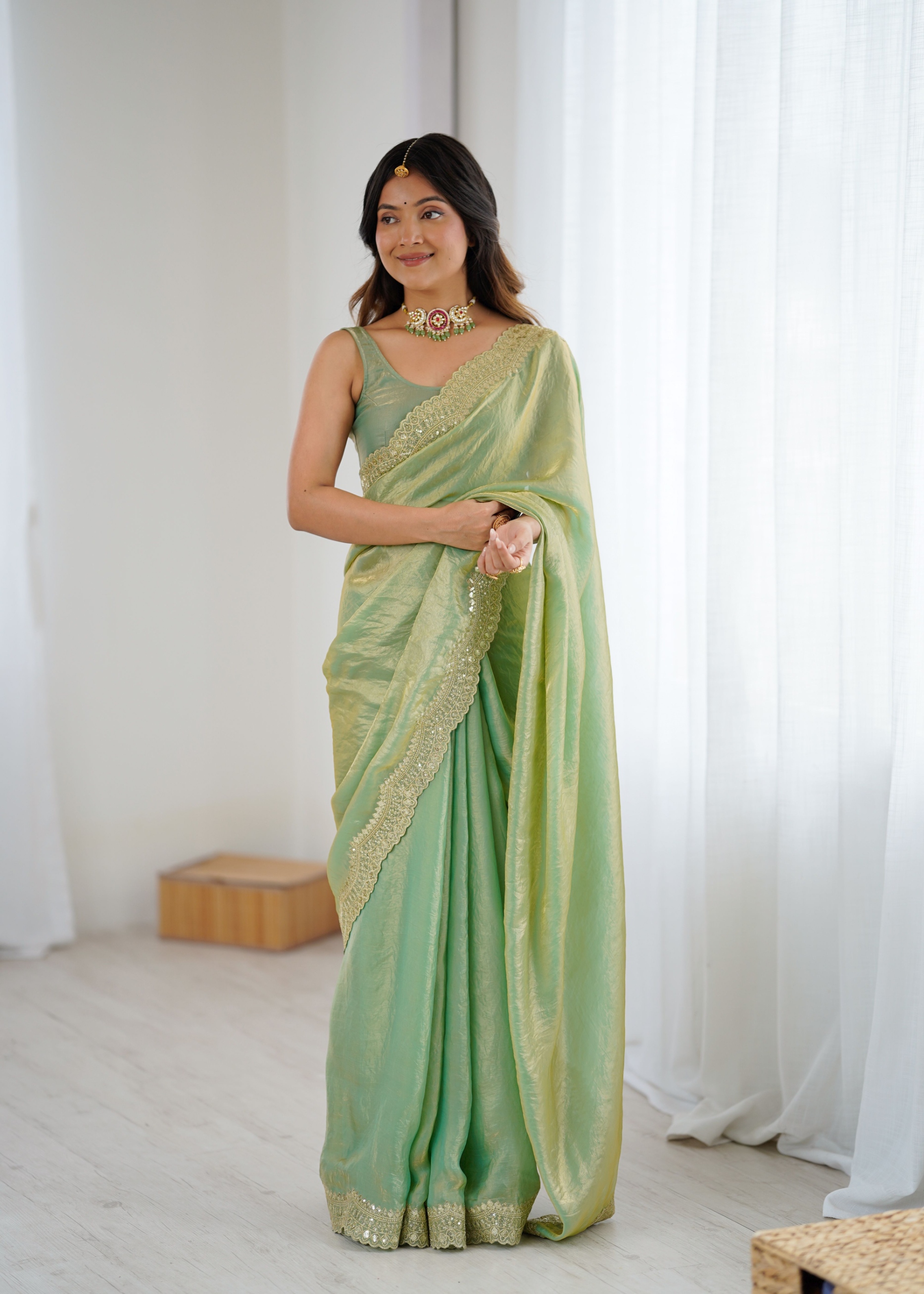 Green Fendy Satin Silk Sequin Zari Embroidered Saree