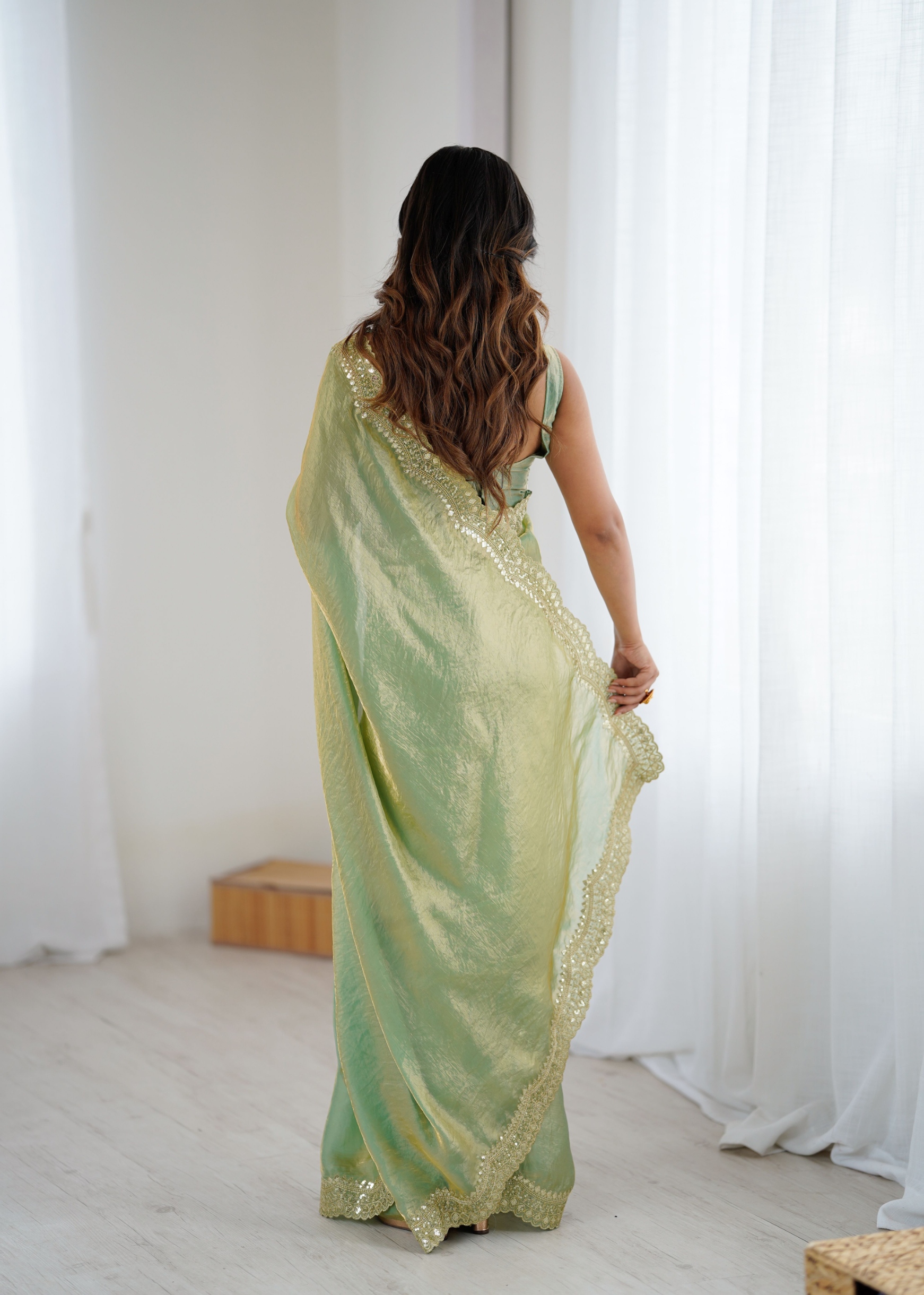 Green Fendy Satin Silk Sequin Zari Embroidered Saree — alternate view