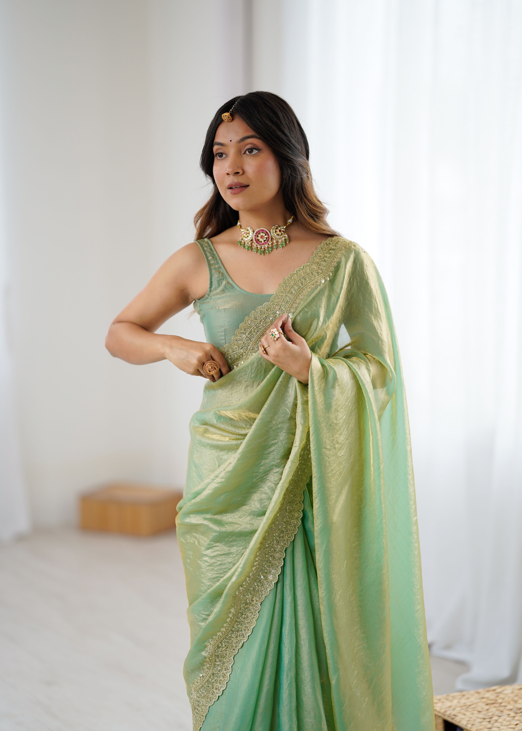 Green Fendy Satin Silk Sequin Zari Embroidered Saree