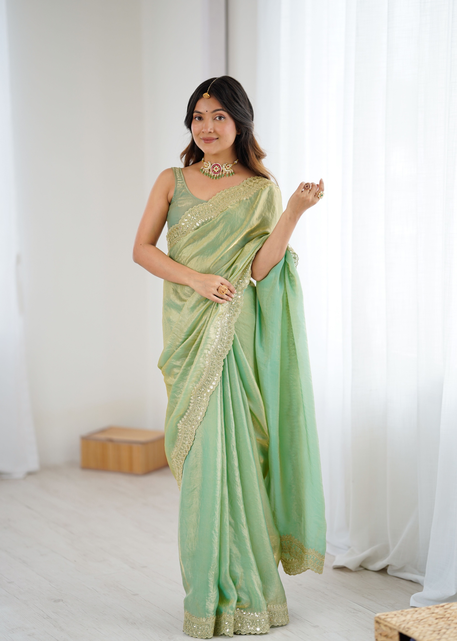 Green Fendy Satin Silk Sequin Zari Embroidered Saree