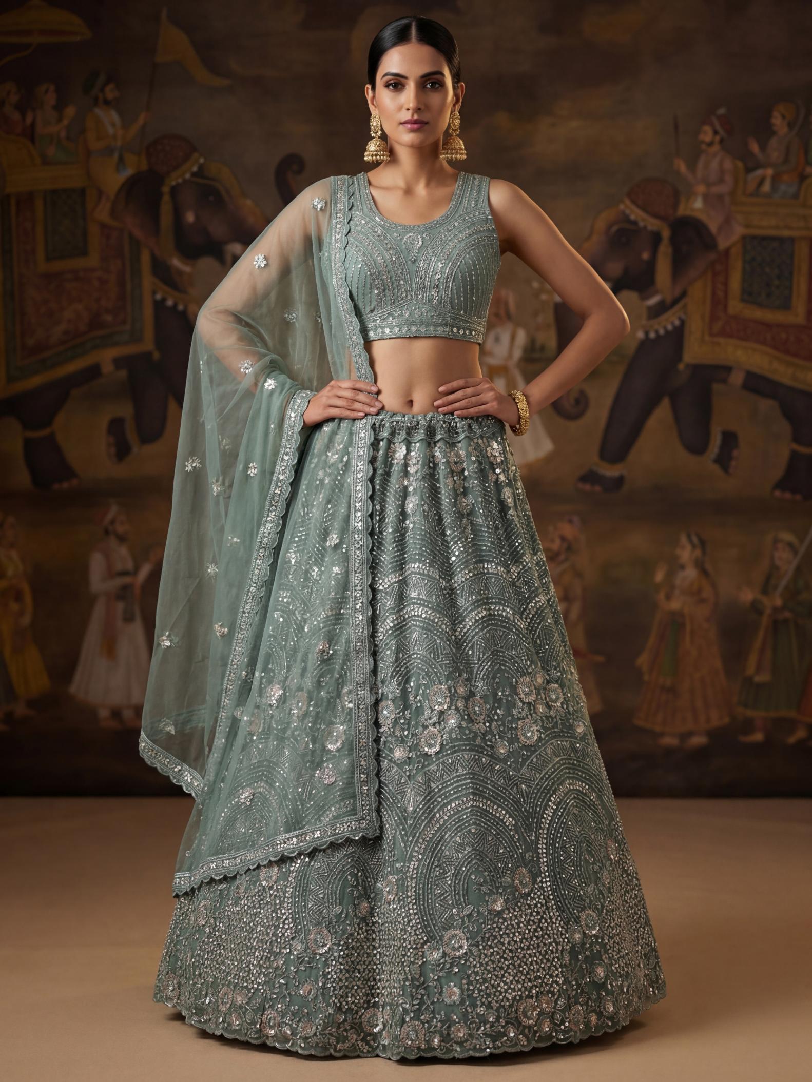 Green Floral Beaded Embroidered Lehenga Choli