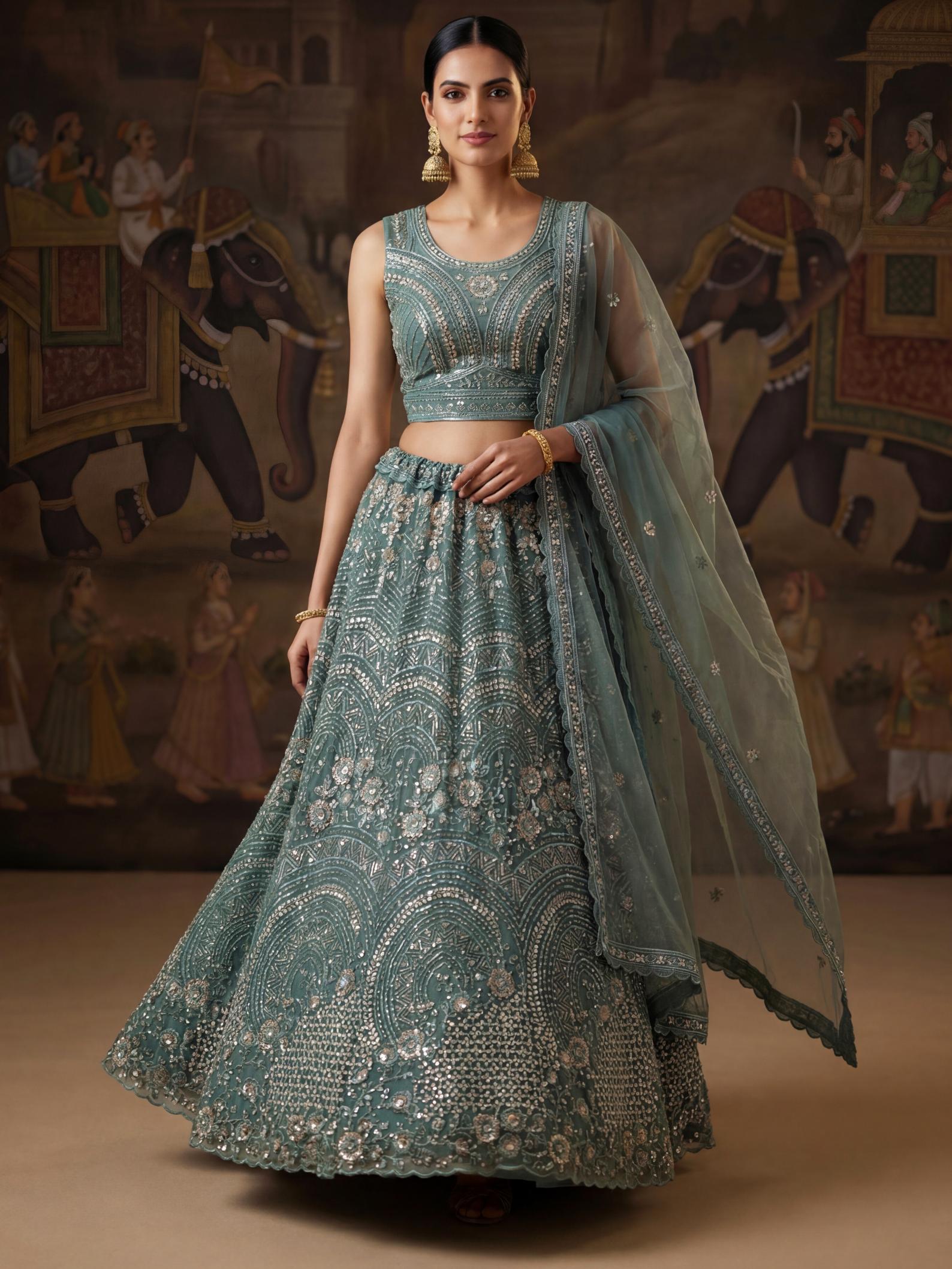 Green Floral Beaded Embroidered Lehenga Choli