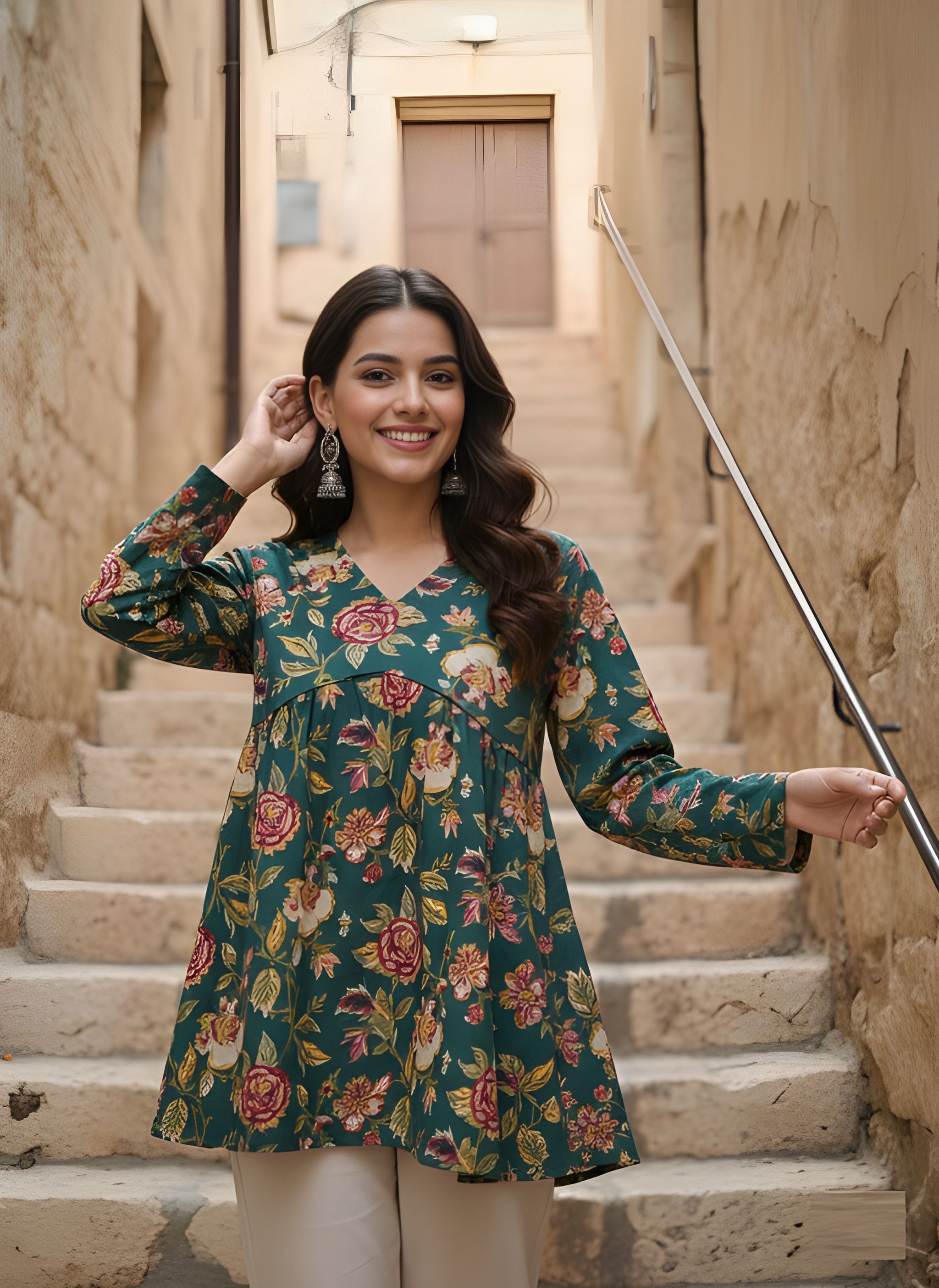 Green Floral Cotton A-Line Kurti