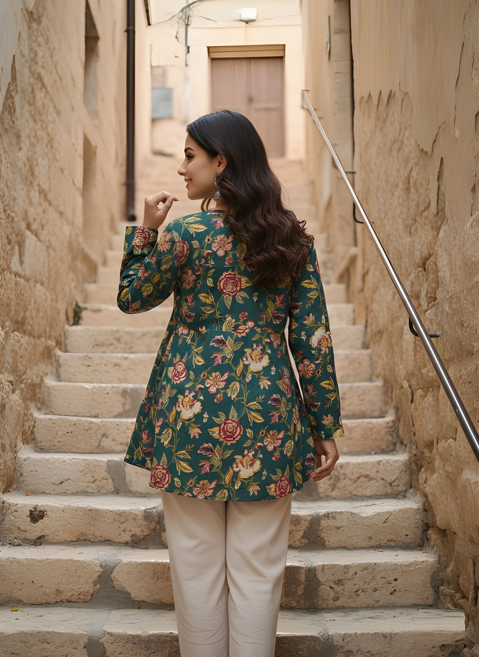 Green Floral Cotton A-Line Kurti — alternate view