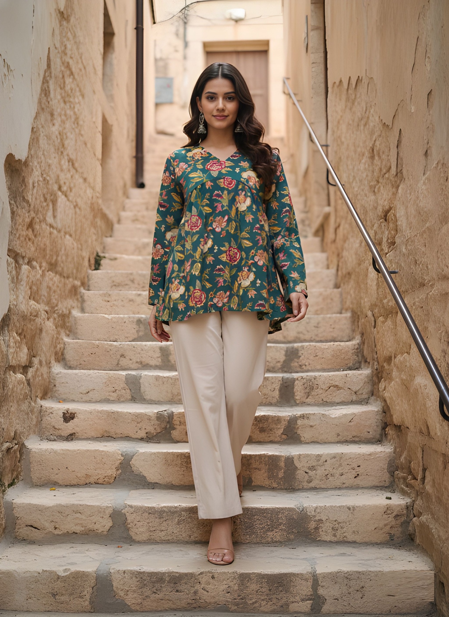 Green Floral Cotton A-Line Kurti