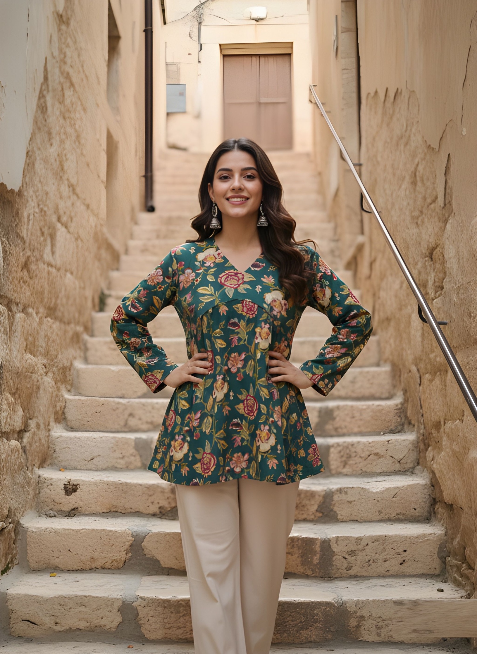 Green Floral Cotton A-Line Kurti