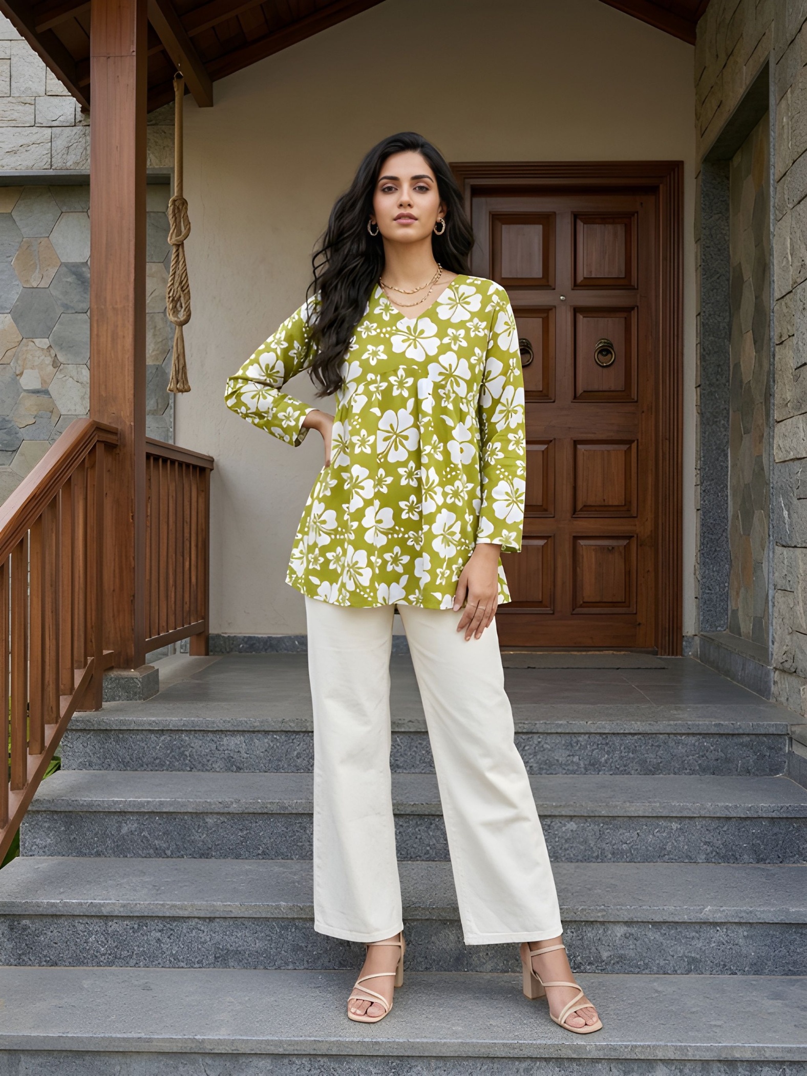 Green Floral Cotton Empire Kurti