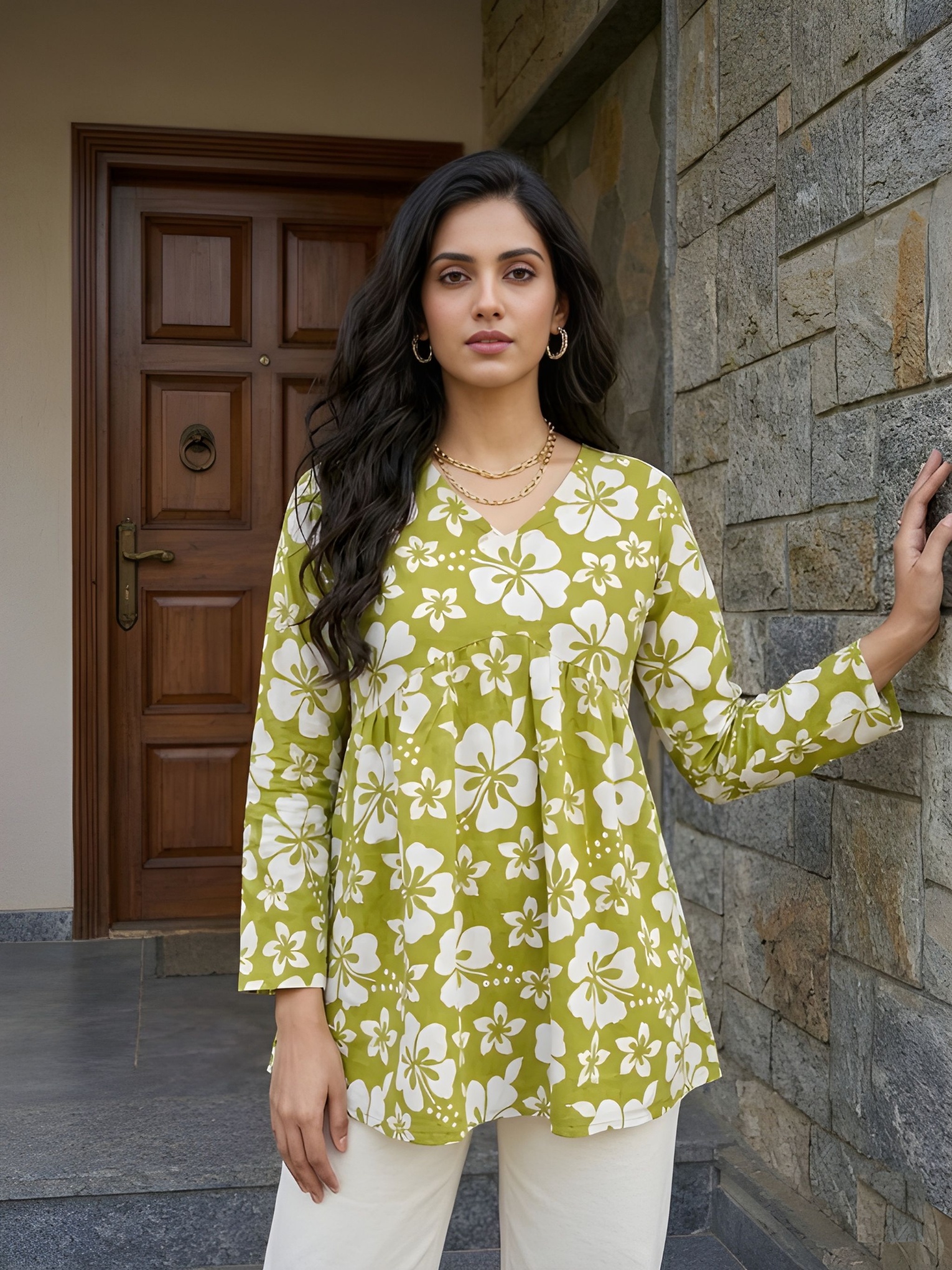 Green Floral Cotton Empire Kurti