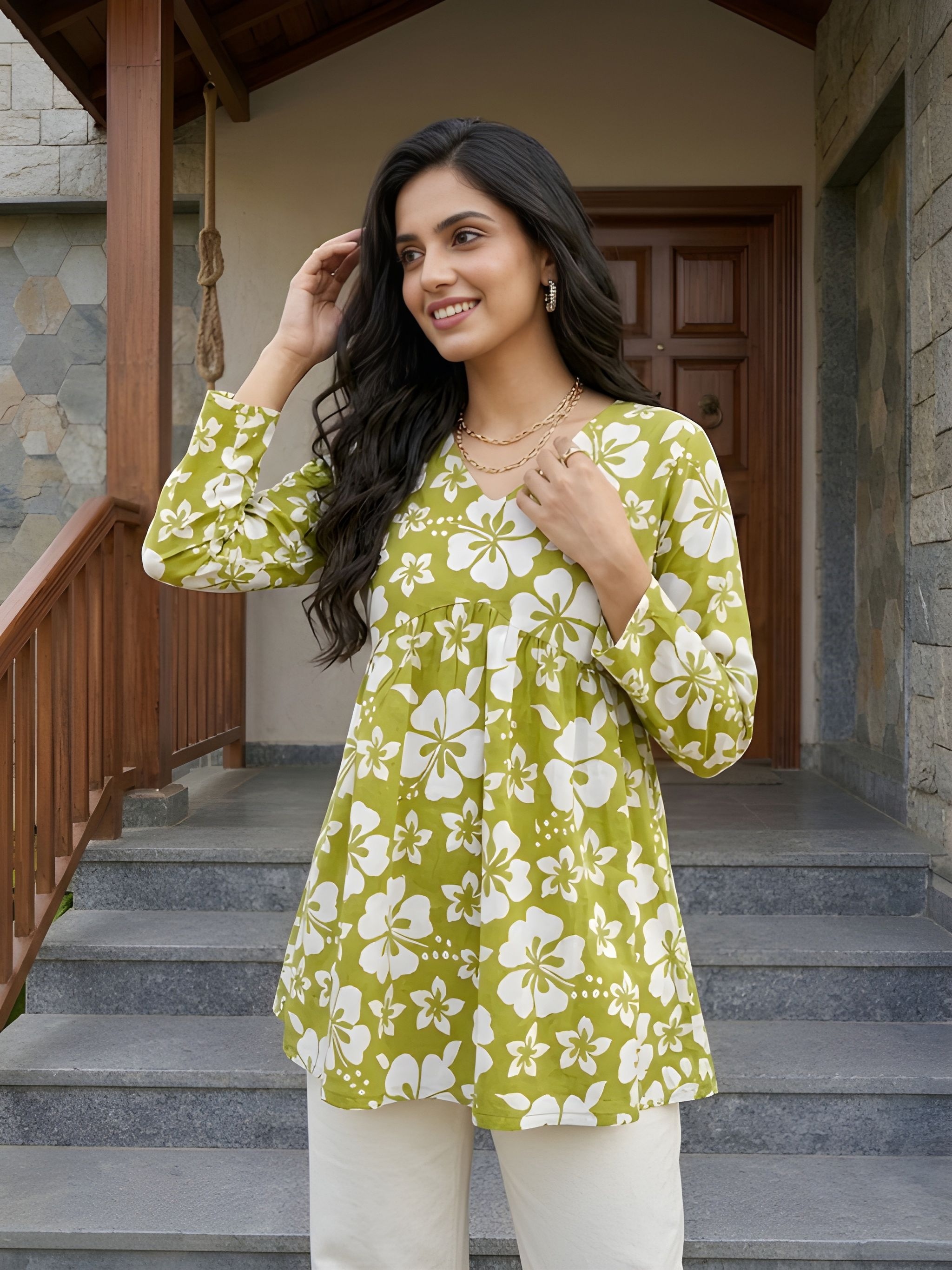 Green Floral Cotton Empire Kurti