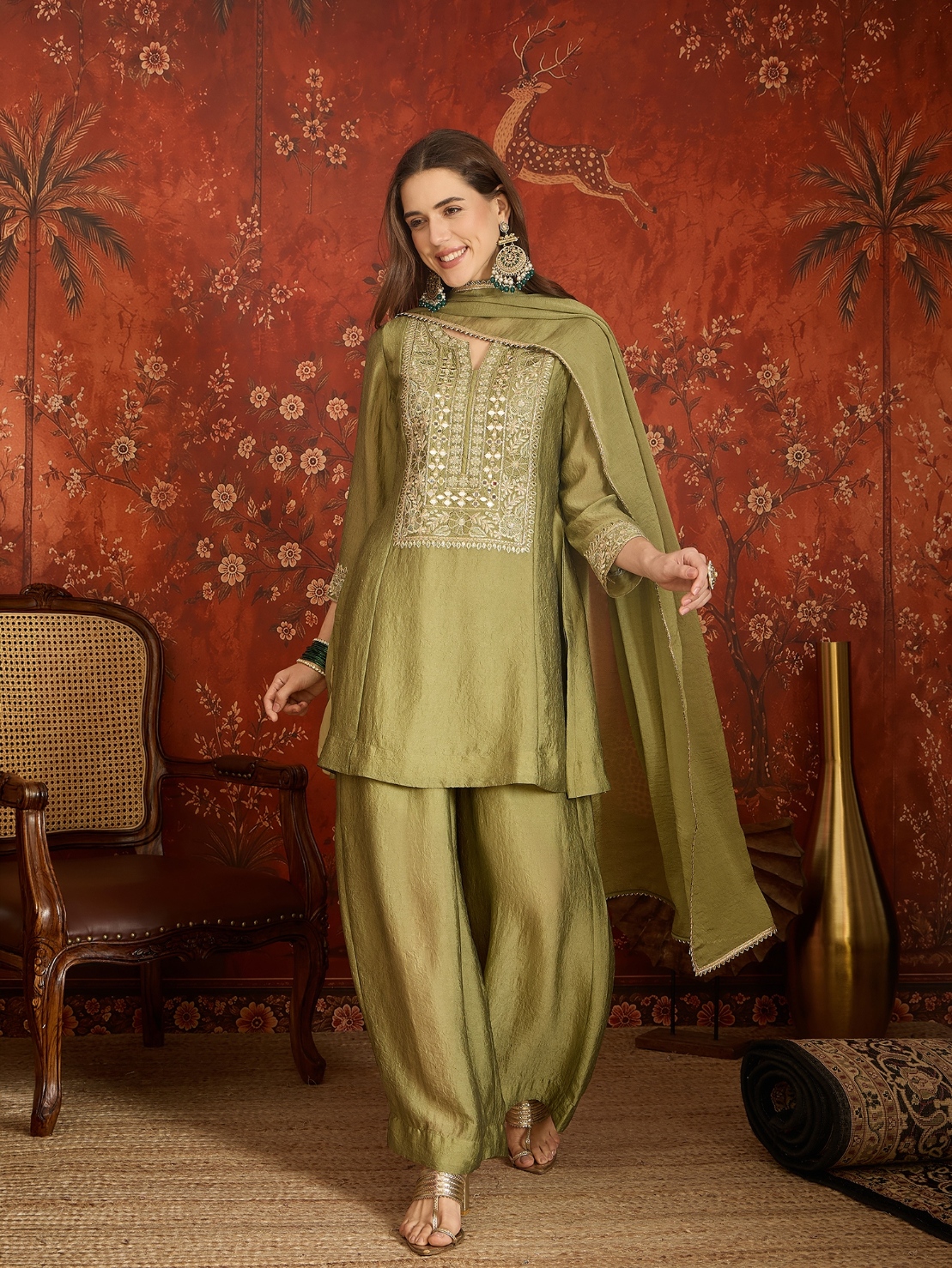 Green Floral Designer Embroidery Silk Contemporary Palazzo Suit