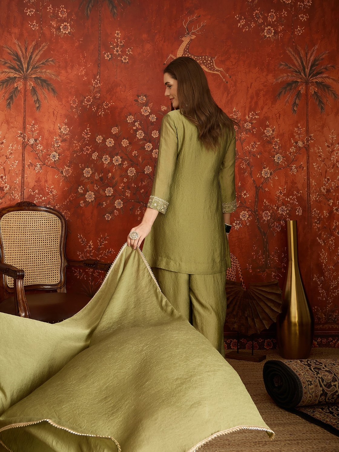 Green Floral Designer Embroidery Silk Contemporary Palazzo Suit — alternate view