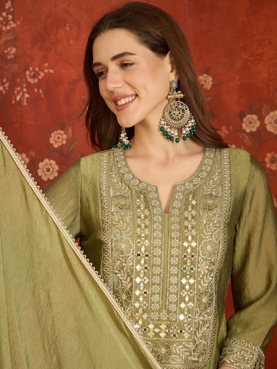 Green Floral Designer Embroidery Silk Contemporary Palazzo Suit