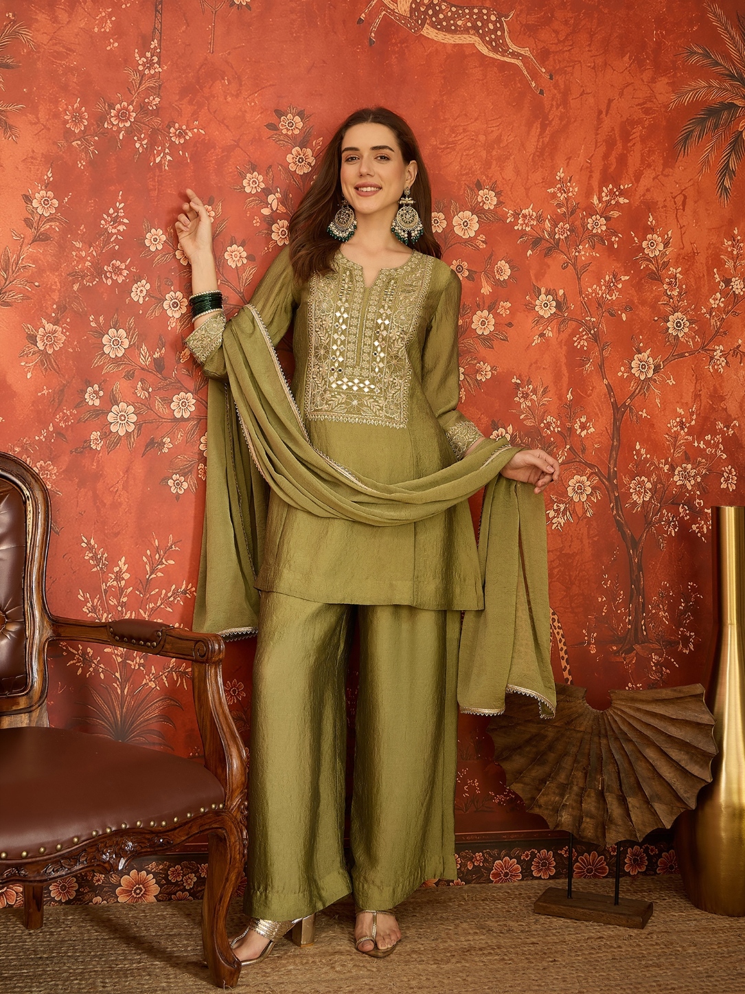 Green Floral Designer Embroidery Silk Contemporary Palazzo Suit