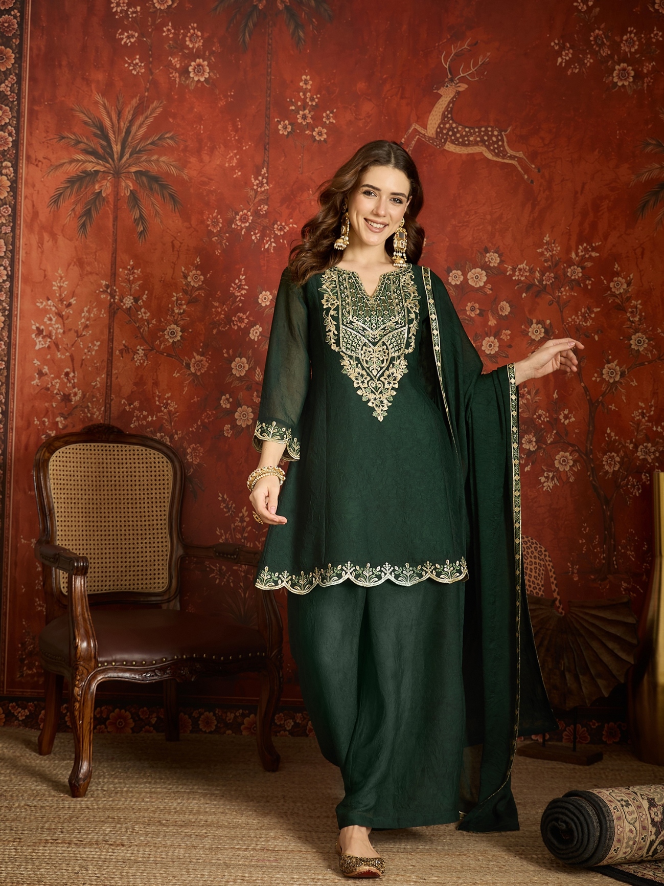 Green Floral Designer Embroidery Silk Regal Palazzo Suit