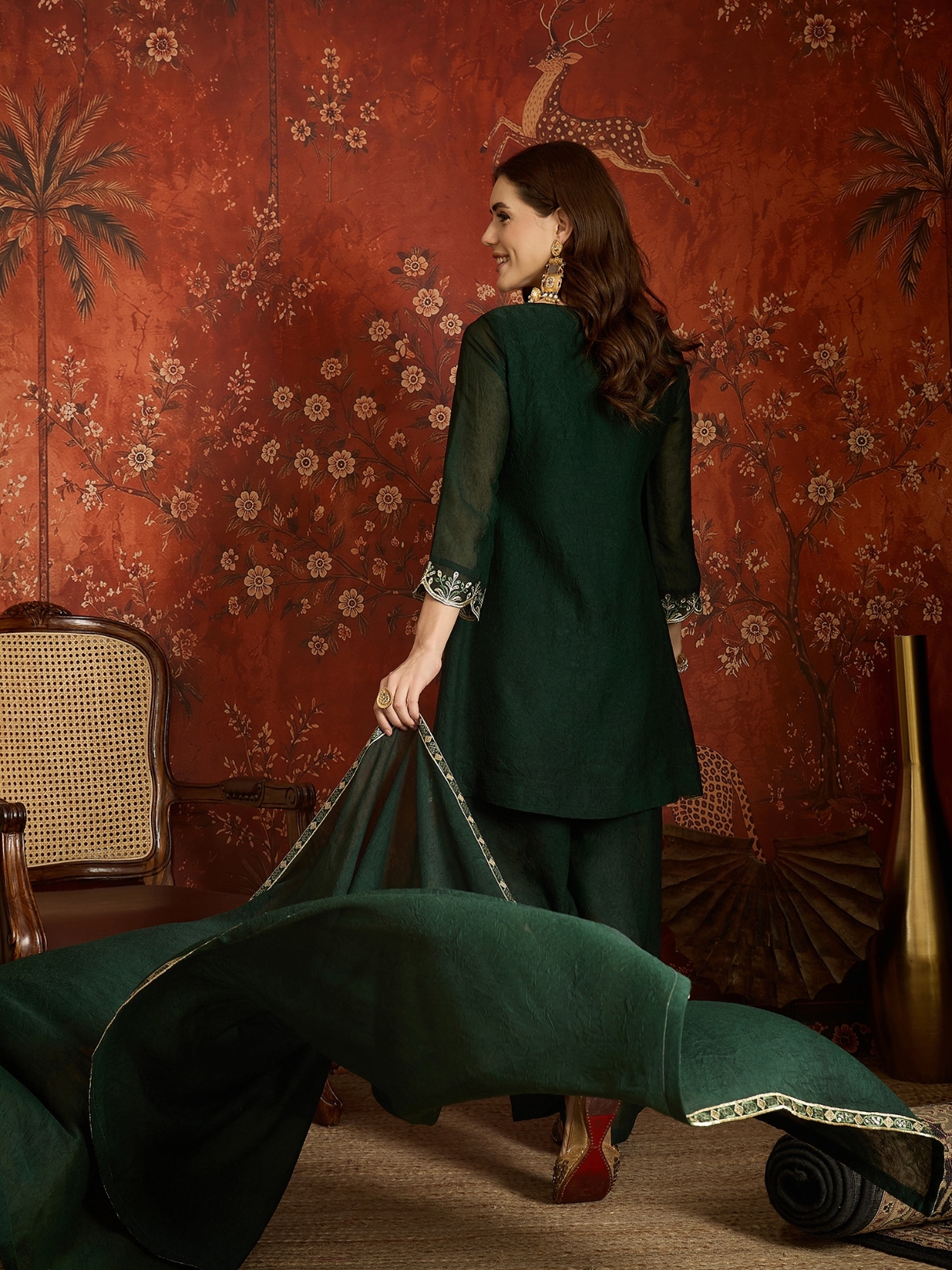 Green Floral Designer Embroidery Silk Regal Palazzo Suit — alternate view
