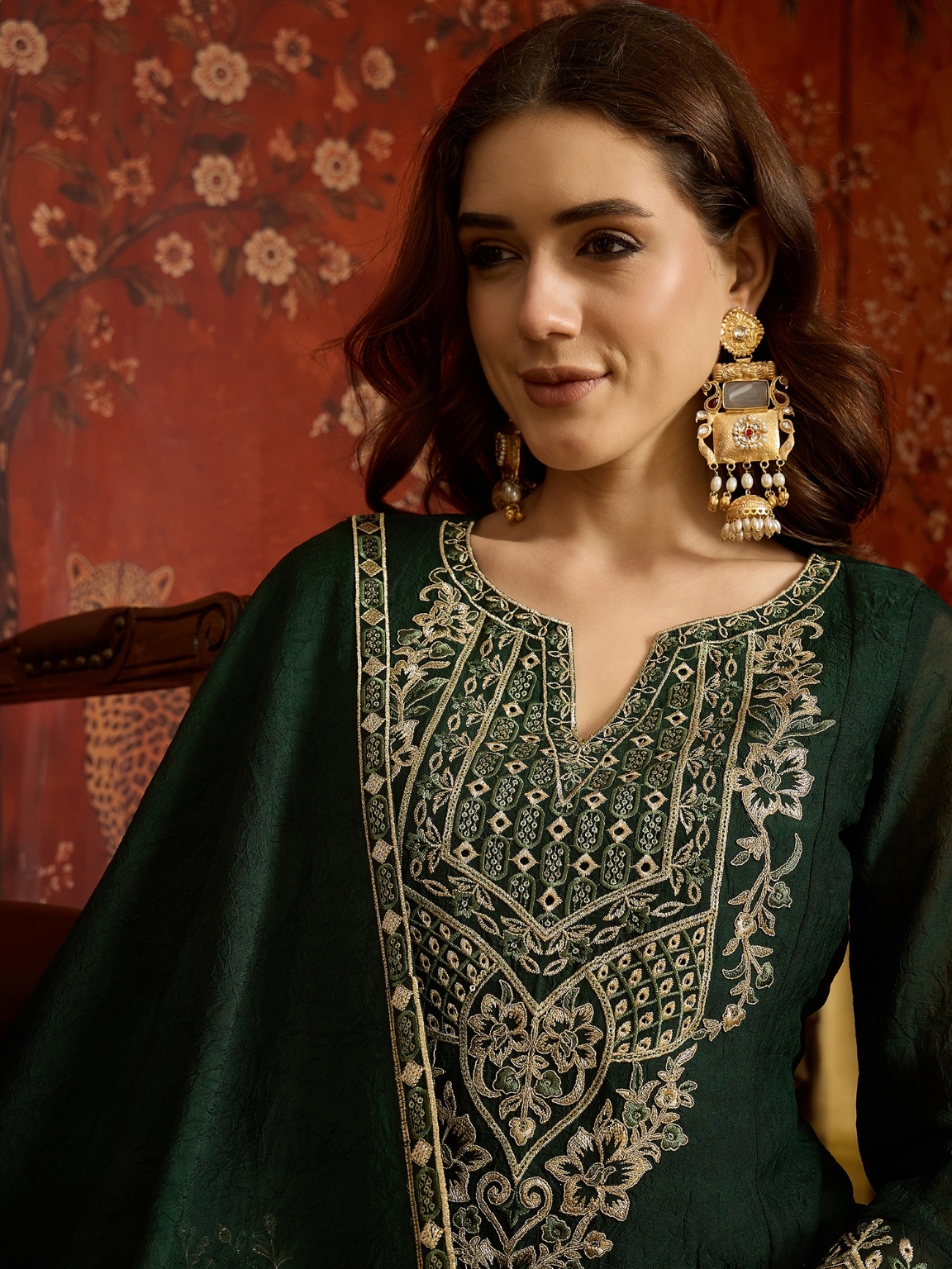 Green Floral Designer Embroidery Silk Regal Palazzo Suit
