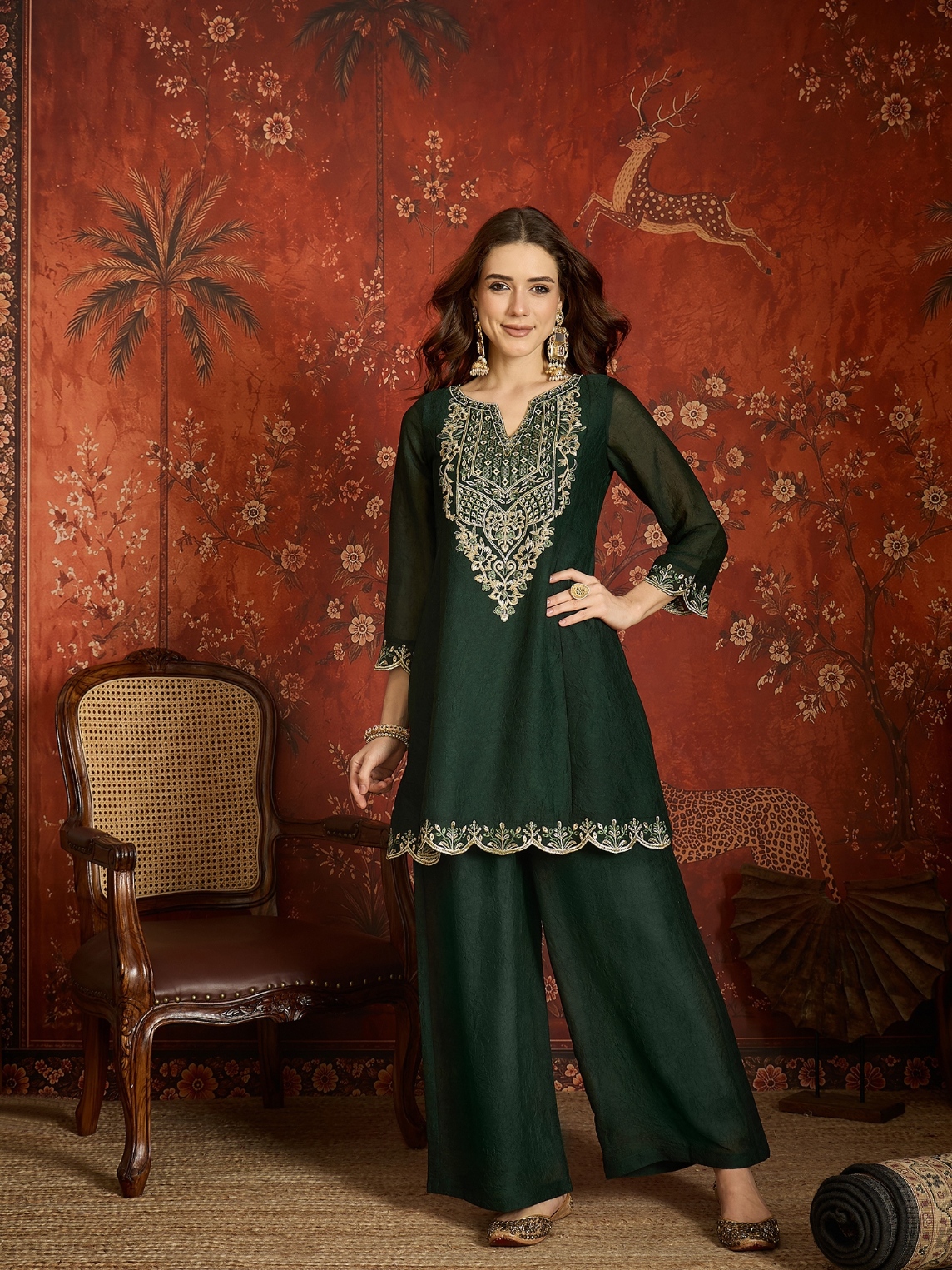 Green Floral Designer Embroidery Silk Regal Palazzo Suit