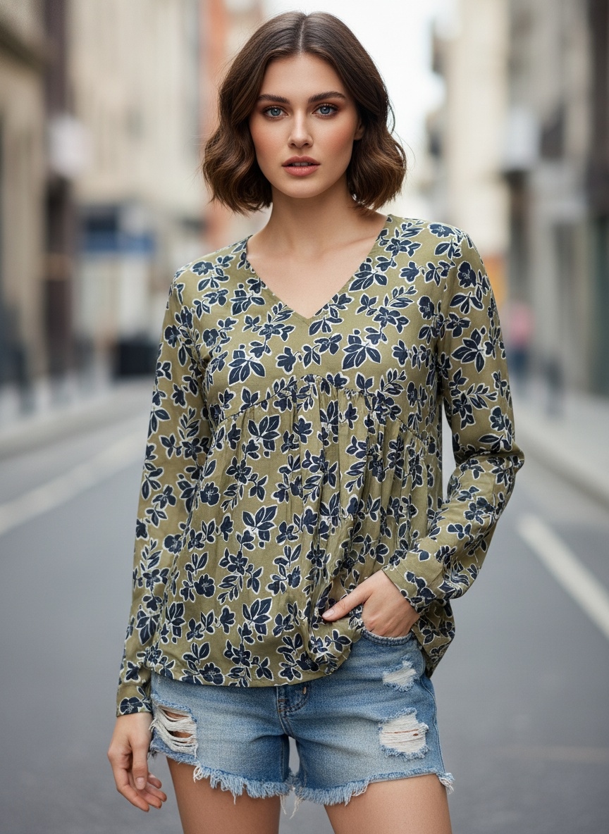Green Floral Designer Printed Poly Crepe Gathered Top