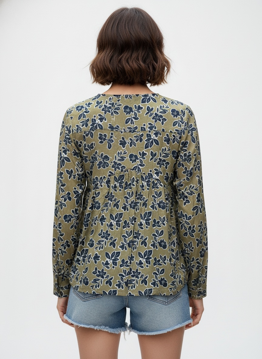 Green Floral Designer Printed Poly Crepe Gathered Top — alternate view