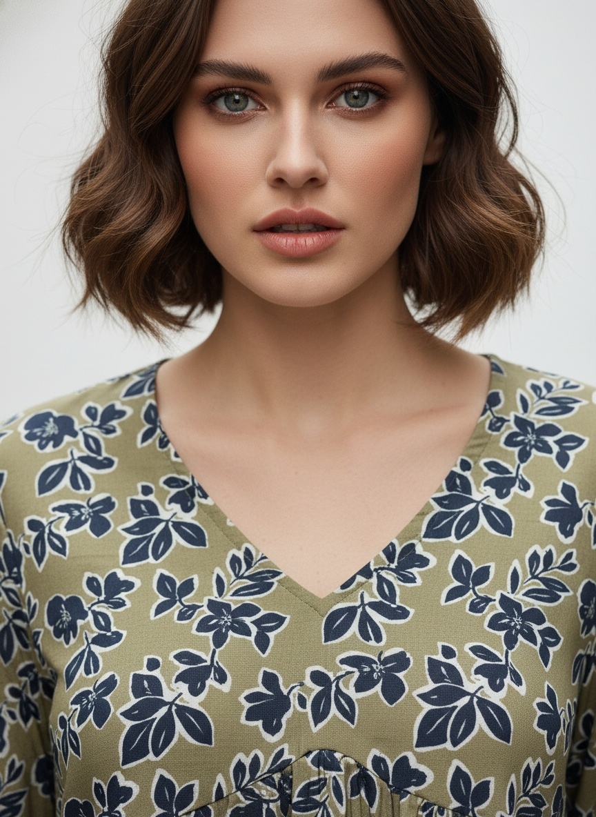 Green Floral Designer Printed Poly Crepe Gathered Top